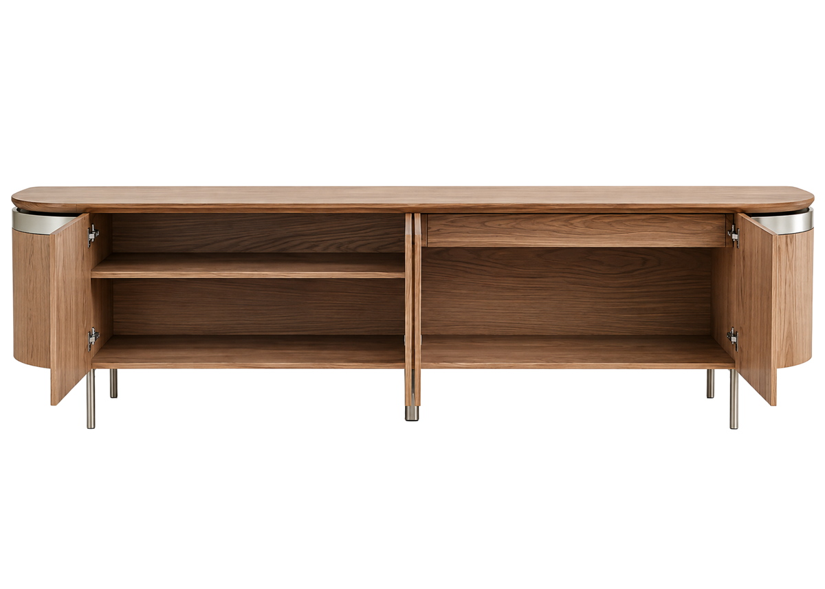 Buffet Lisias com detalhes internos, prateleira e gaveta, apresentando design sofisticado e acabamento elegante, ideal para ambientes modernos e refinados.