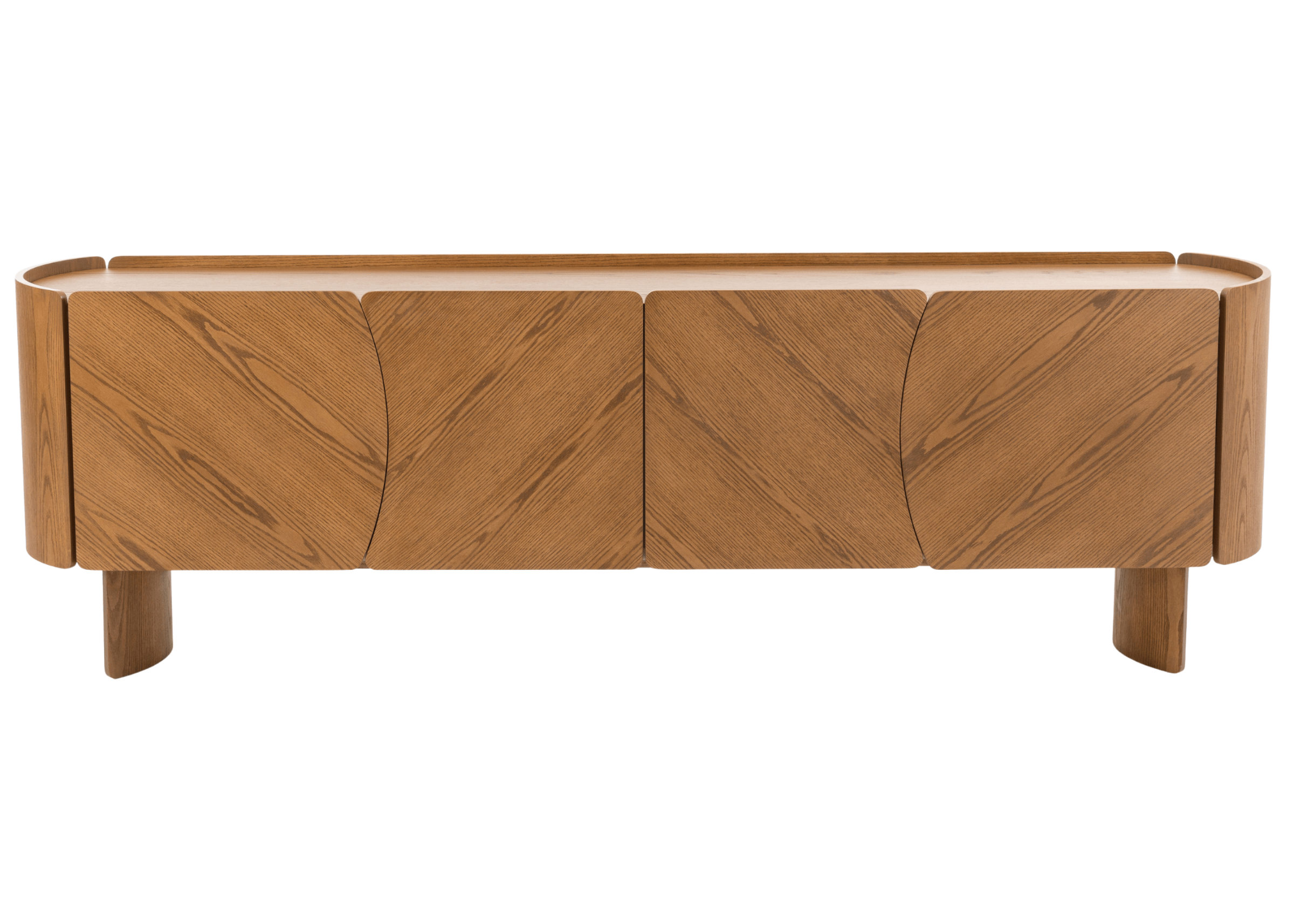 Buffet moderno modelo Alpi com quatro portas, acabamento em lâmina de madeira e detalhes curvos, design elegante ideal para salas de jantar sofisticadas.