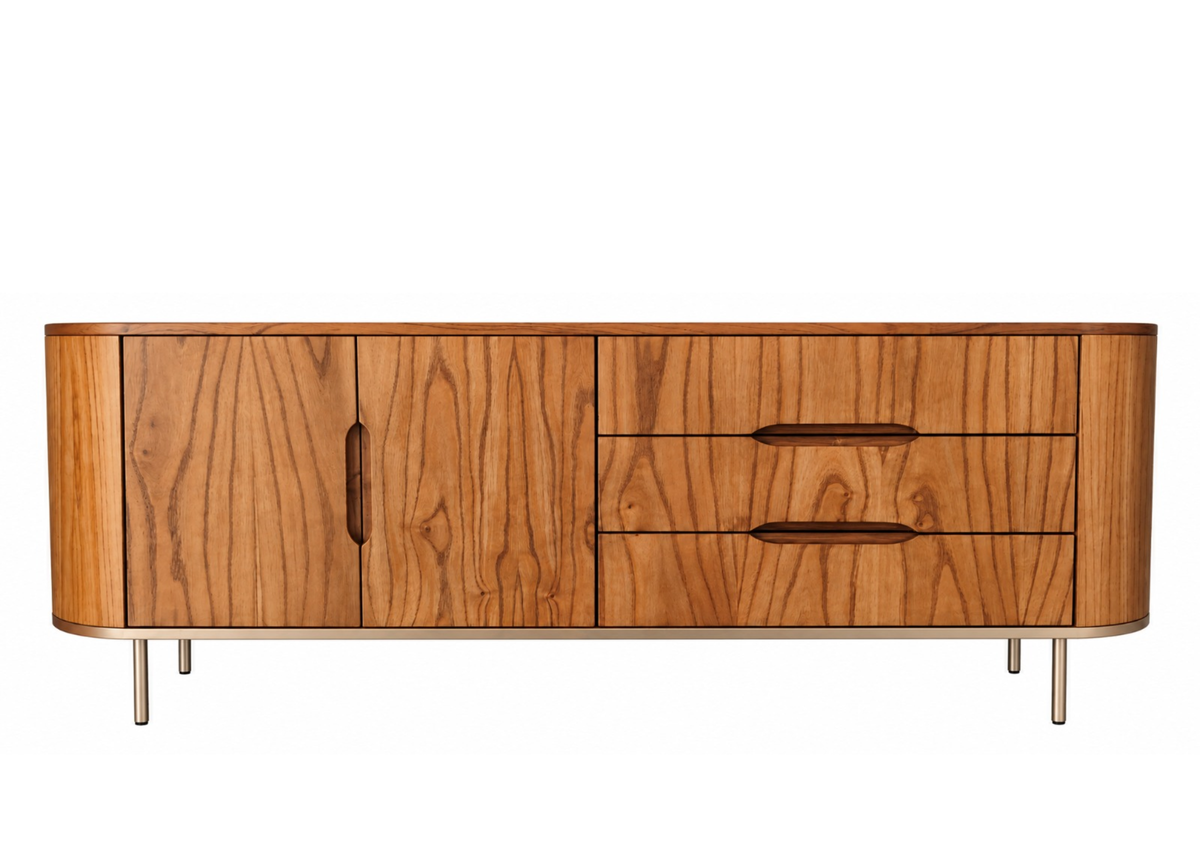 Buffet Oz em lâmina de madeira cinamomo mel com base bronze, apresentando design elegante e sofisticado, ideal para compor ambientes modernos e refinados.