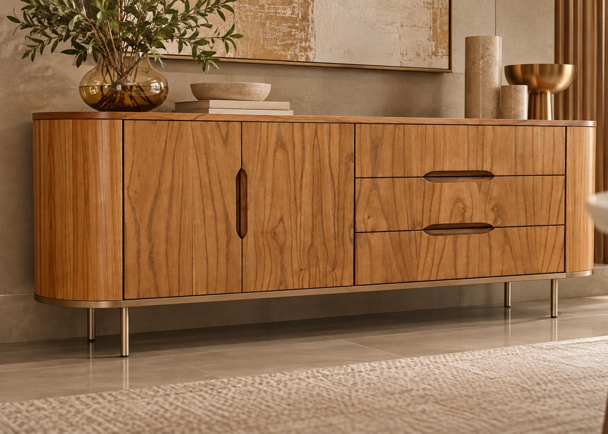 Buffet Oz em sala de jantar sofisticada, apresentando design elegante e contemporâneo, ideal para compor ambientes modernos e refinados.