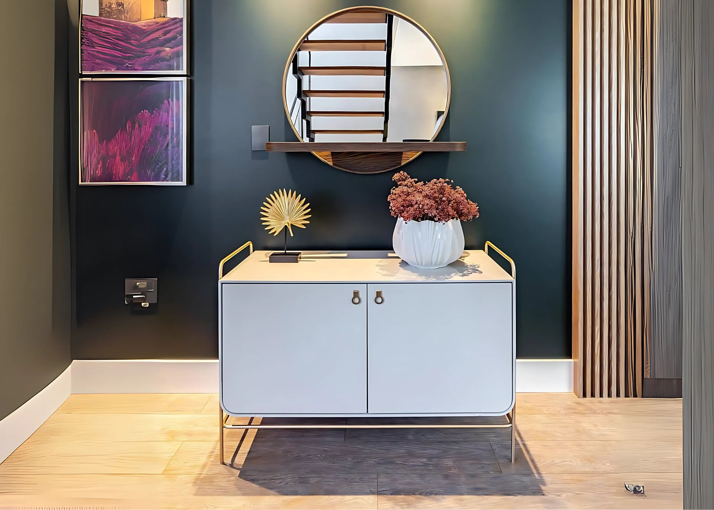 Buffet para sala de jantar com duas portas, acabamento laqueado em cinza e design moderno, ideal para compor ambientes elegantes e funcionais.