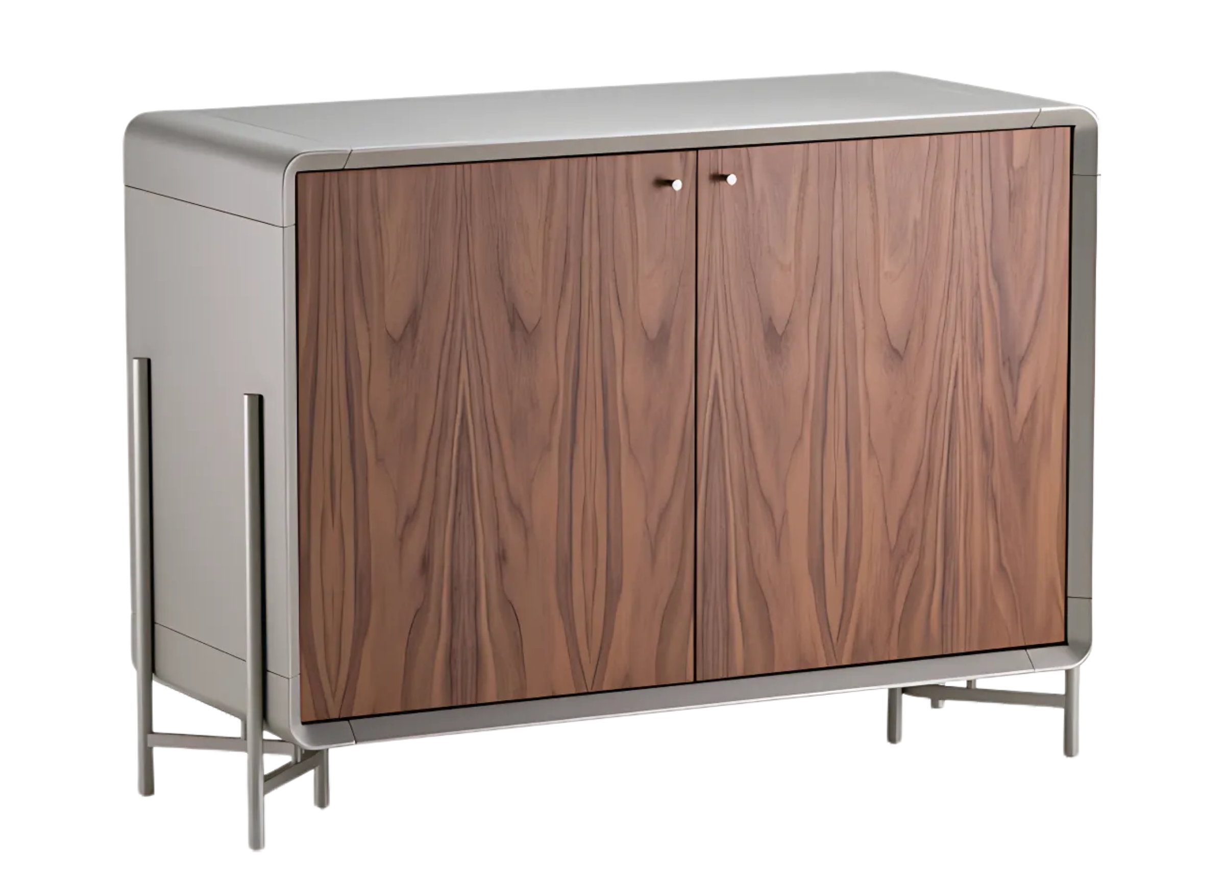 Buffet pequeno modelo Cartago I com portas em madeira nogueira e laterais e tampo metalizado na cor champagne, design moderno, perfeito para salas de jantar contemporâneas.