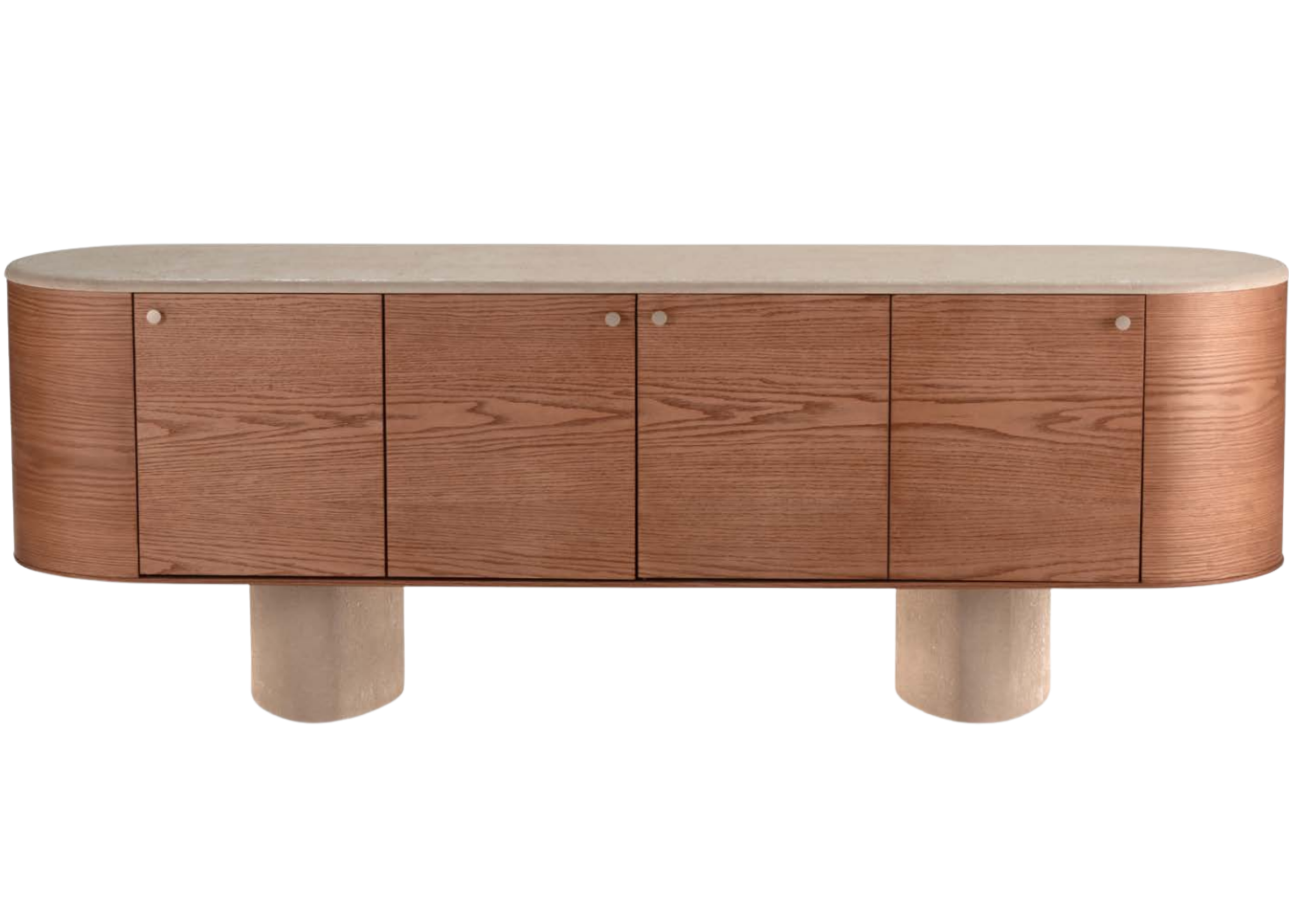 Buffet Aurélia com quatro portas em lâmina de carvalho, tampo e pés no acabamento sabi off-white. Peça sofisticada em fundo neutro, ideal para compor salas de jantar ou estar elegantes.