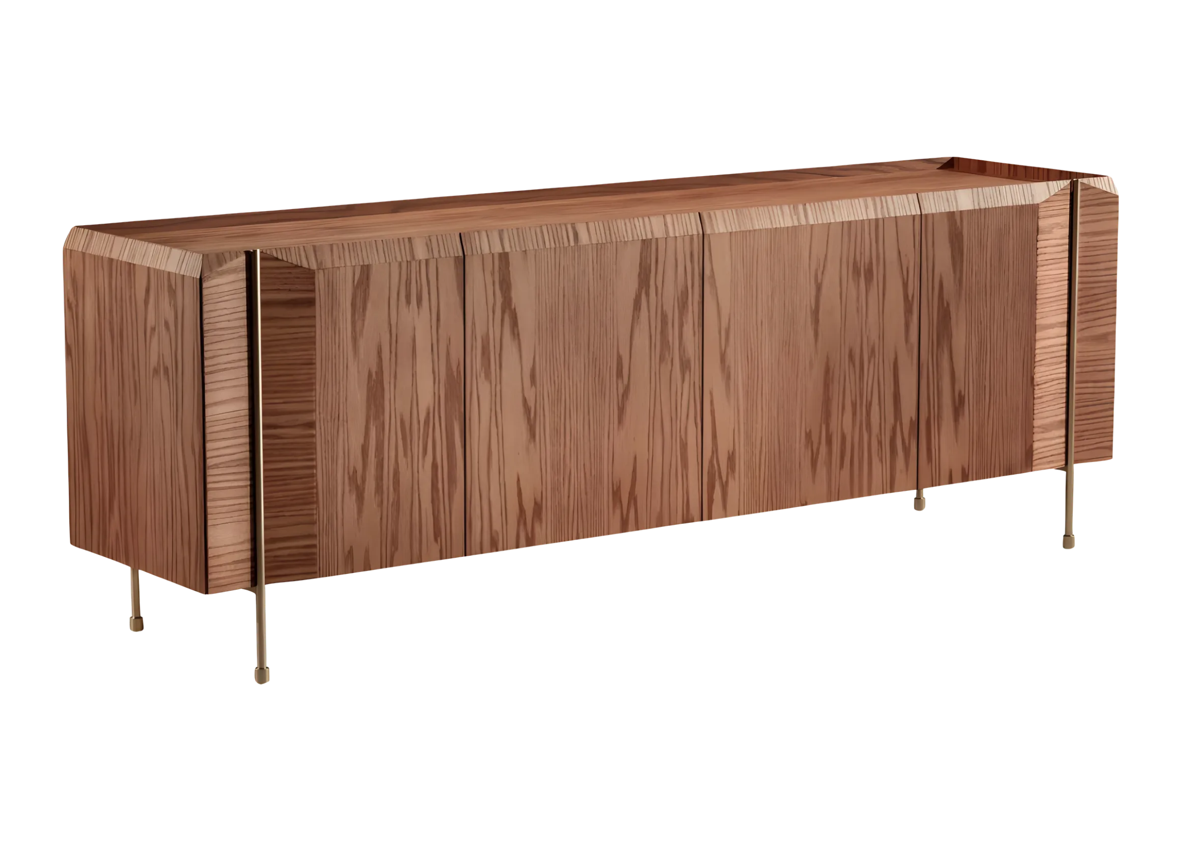 Buffet de sala de jantar Valetto com quatro portas, acabamento em lâmina de carvalho mel e detalhes em laca metalizada. Móvel elegante e sofisticado, ideal para complementar a decoração de espaços modernos.