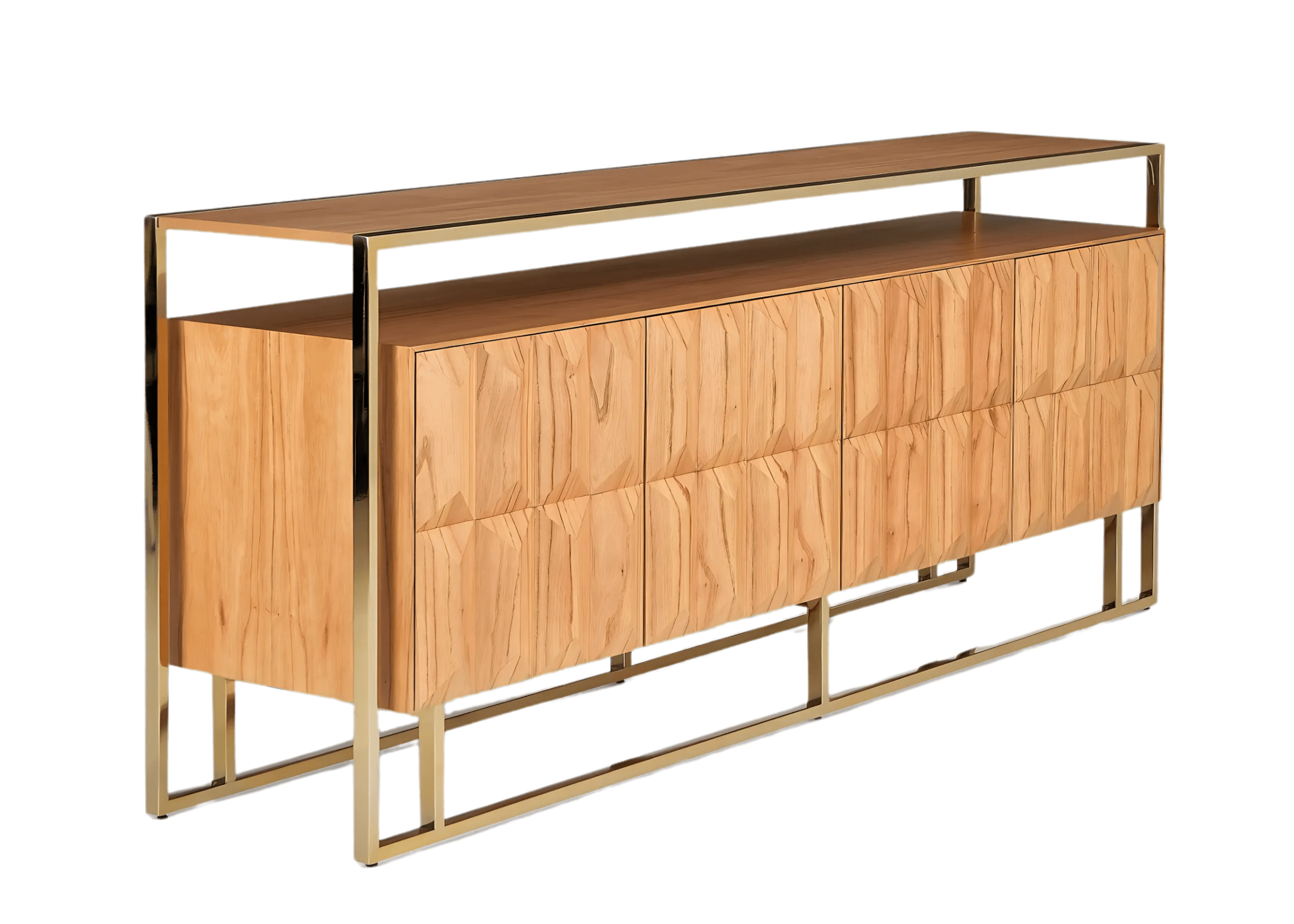 Buffet Sense com acabamento sofisticado em acabamento laqueado e design leve sustentado por estrutura dourada.