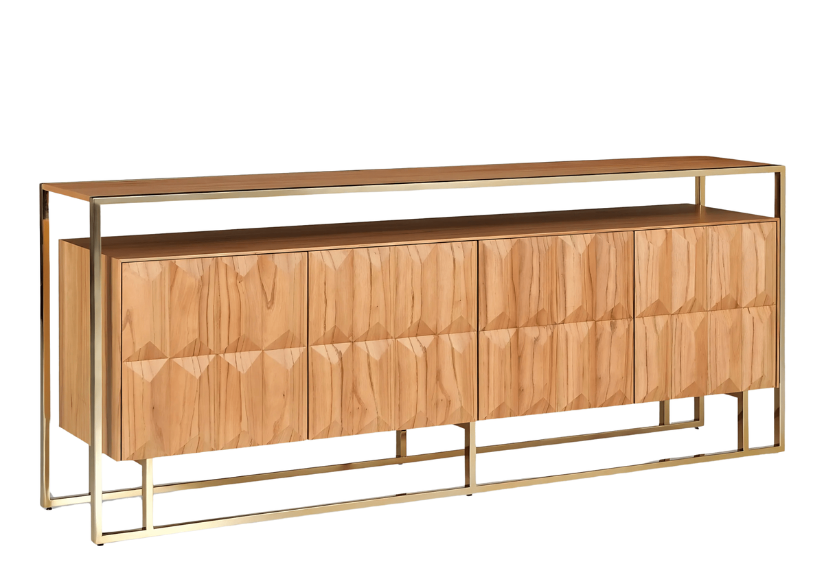 Buffet Sense contemporâneo com estrutura em inox dourado, design sofisticado e moderno, ideal para salas de jantar elegantes.