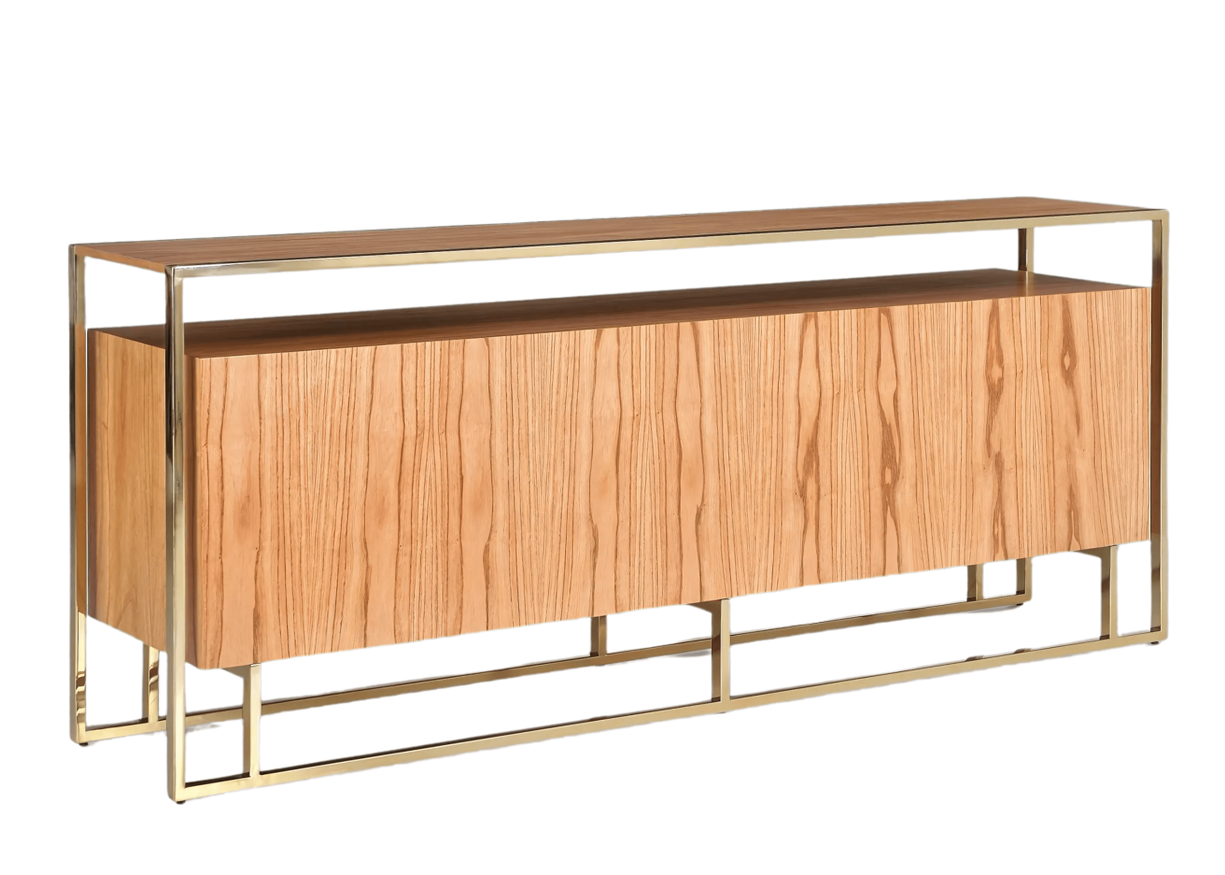 Buffet Sense contemporâneo com pés e moldura em inox dourado.