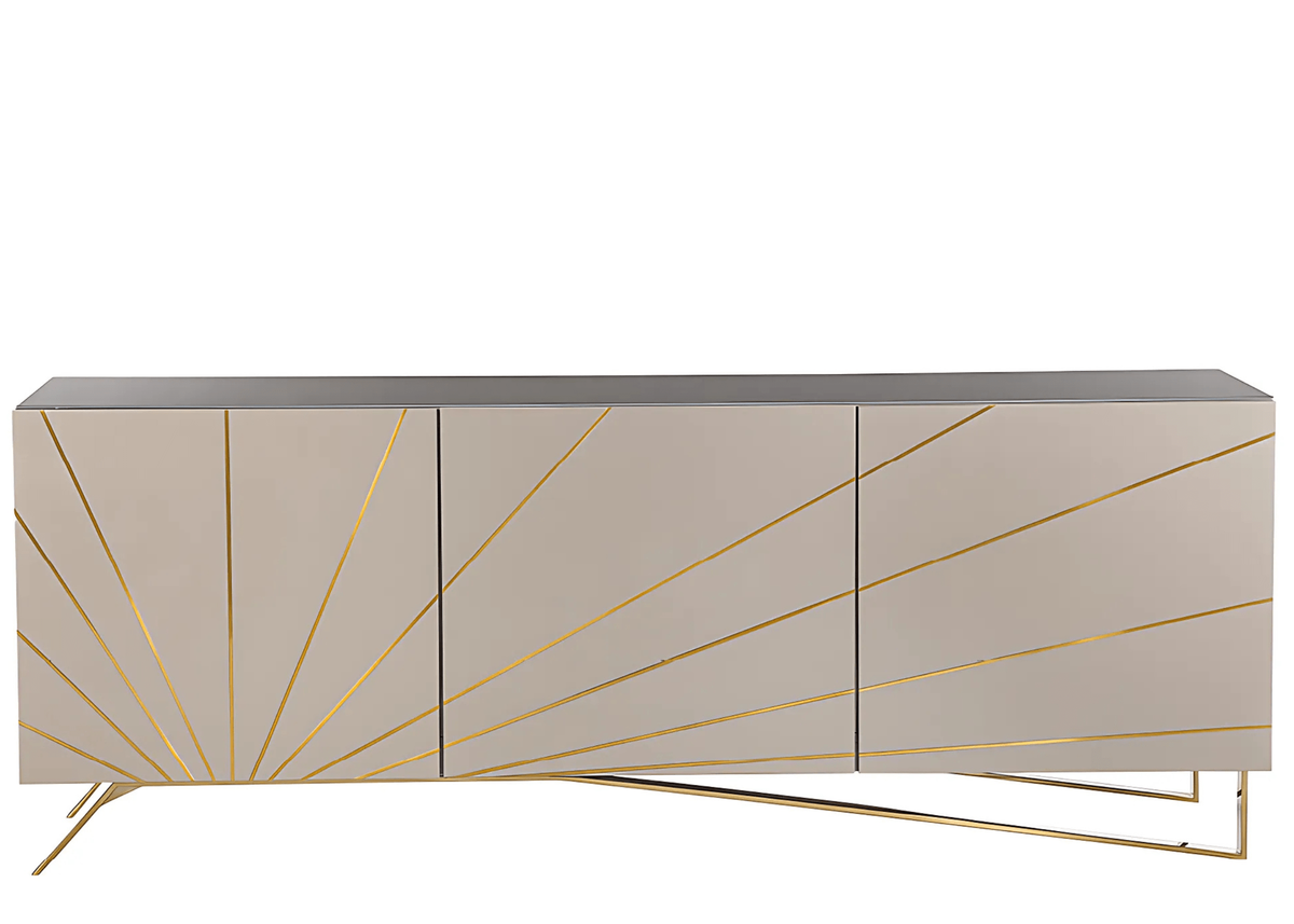 Buffet Soud em MDF laqueado com tampo de vidro e base em inox dourado design contemporâneo e acabamento sofisticado.
