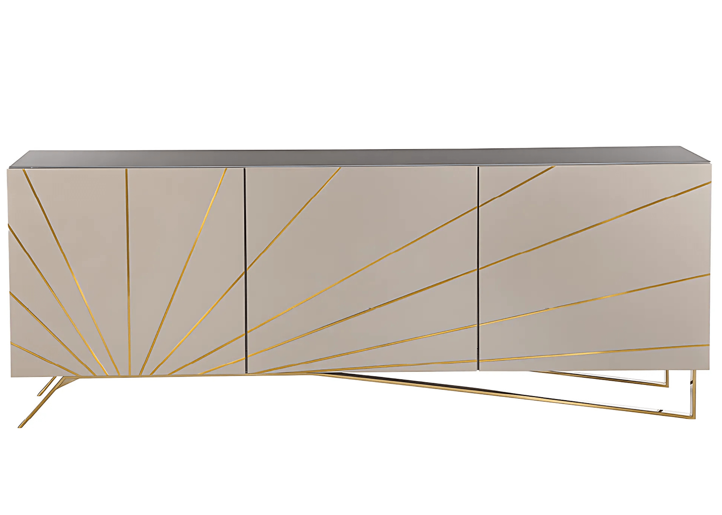 Buffet Soud em MDF laqueado com tampo de vidro e base em inox dourado design contemporâneo e acabamento sofisticado