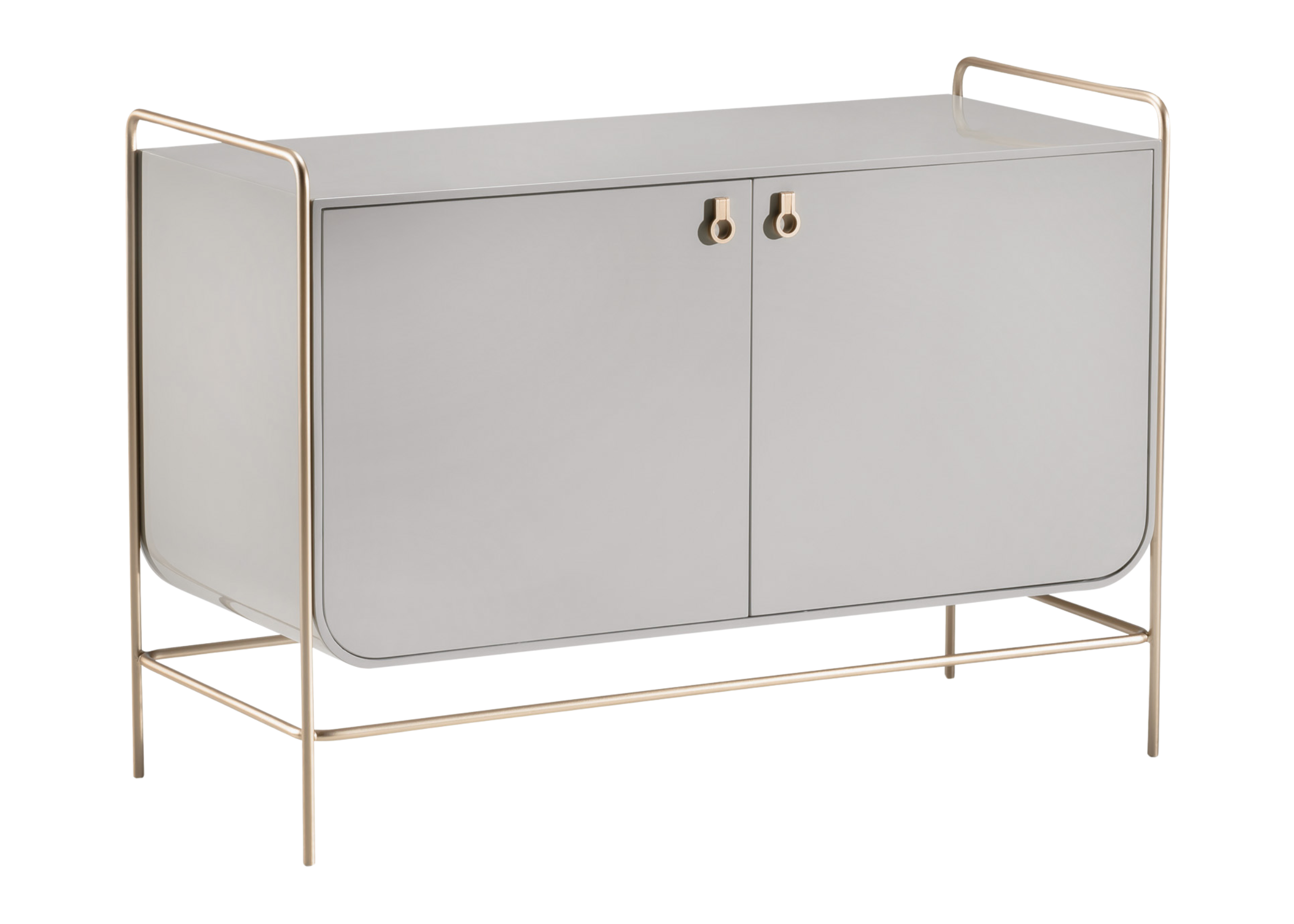 Buffet Vianello com duas portas, acabamento laqueado em cinza e detalhe em laca metalizada dourada, design moderno e elegante, ideal para salas de jantar sofisticadas.