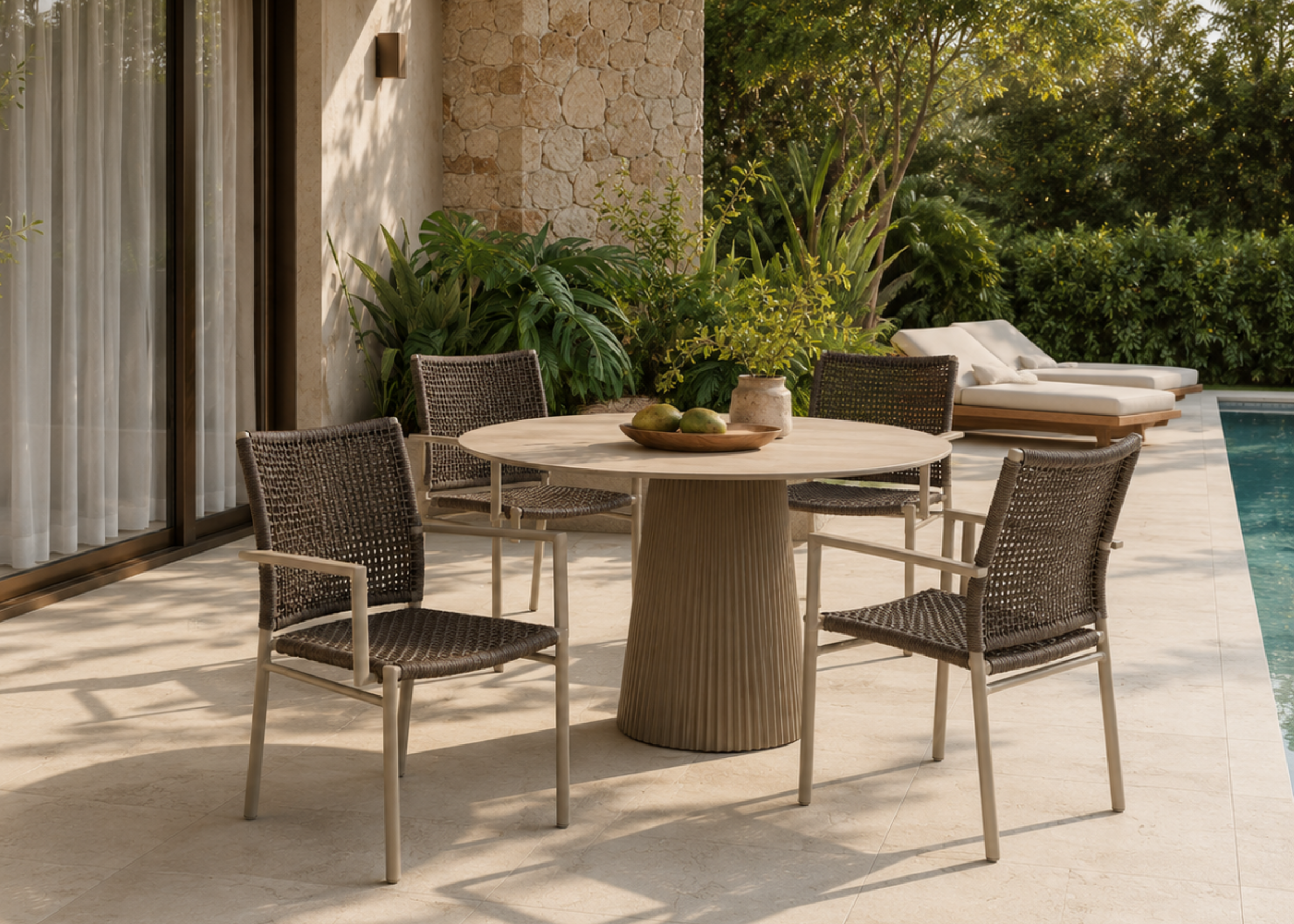 Cadeira para área externa modelo Hamma com braço em alumínio e acabamento em corda náutica, apresentando design contemporâneo e sofisticado.