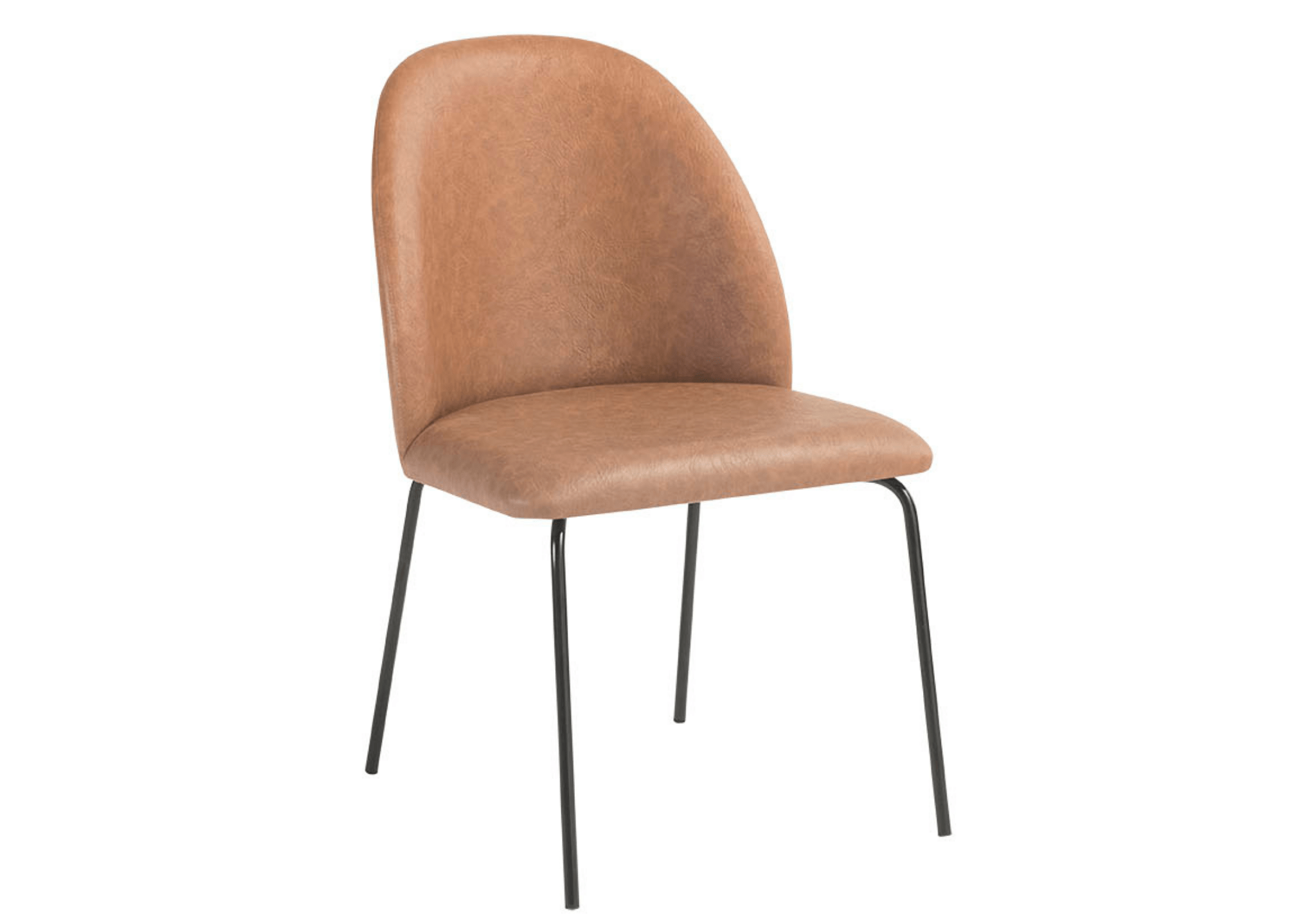 Cadeira Ari com revestimento em couríssimo caramelo e base em aço carbono, apresentando design elegante e sofisticado, ideal para compor ambientes modernos e refinados.