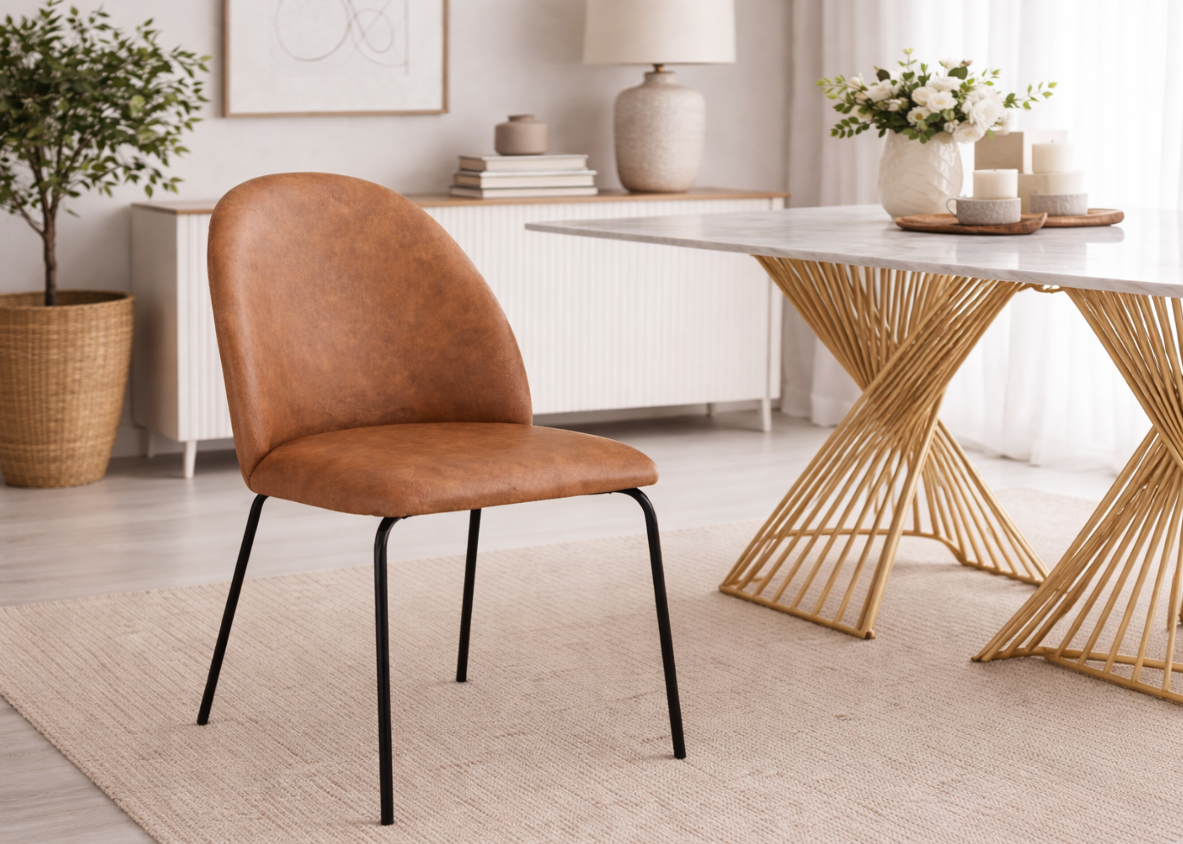 Cadeira Ari em sala de jantar elegante com design confortável e sofisticado, ideal para compor ambientes modernos e acolhedores.