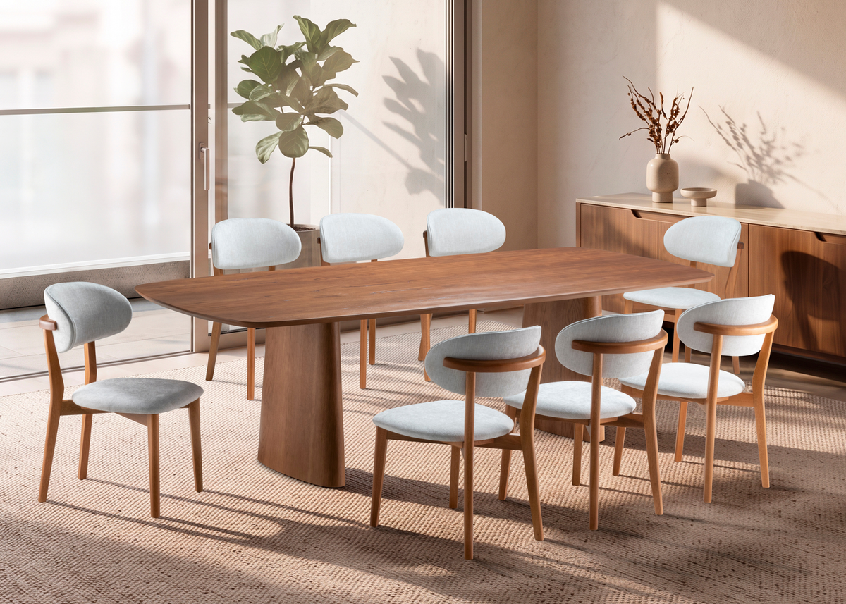 Cadeira Arizona em sala de jantar sofisticada, apresentando design elegante e contemporâneo, ideal para compor ambientes modernos e refinados.