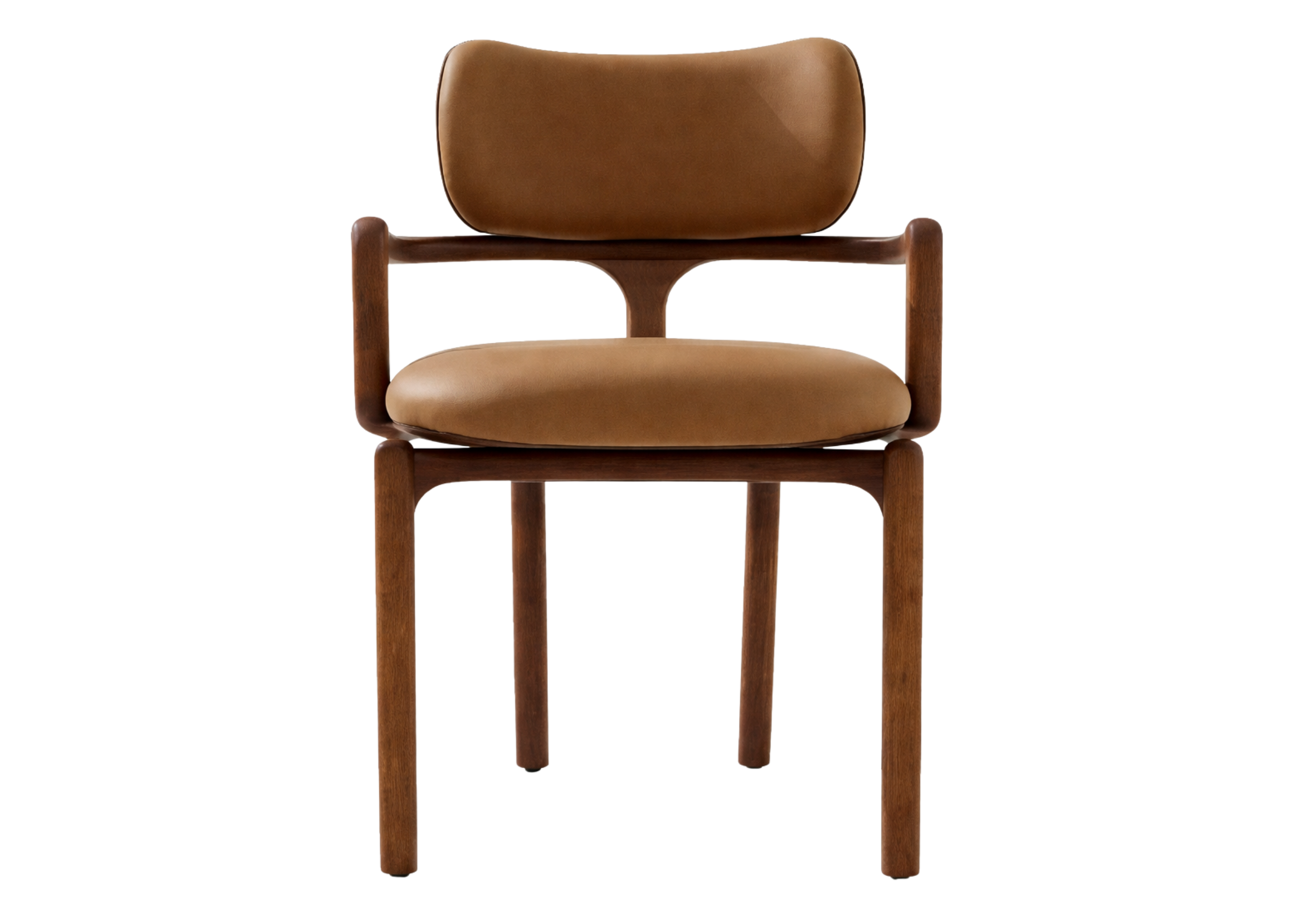 Cadeira Arko com assento e encosto confortáveis, revestida em tecido marrom, unindo elegância e design contemporâneo para ambientes sofisticados.
