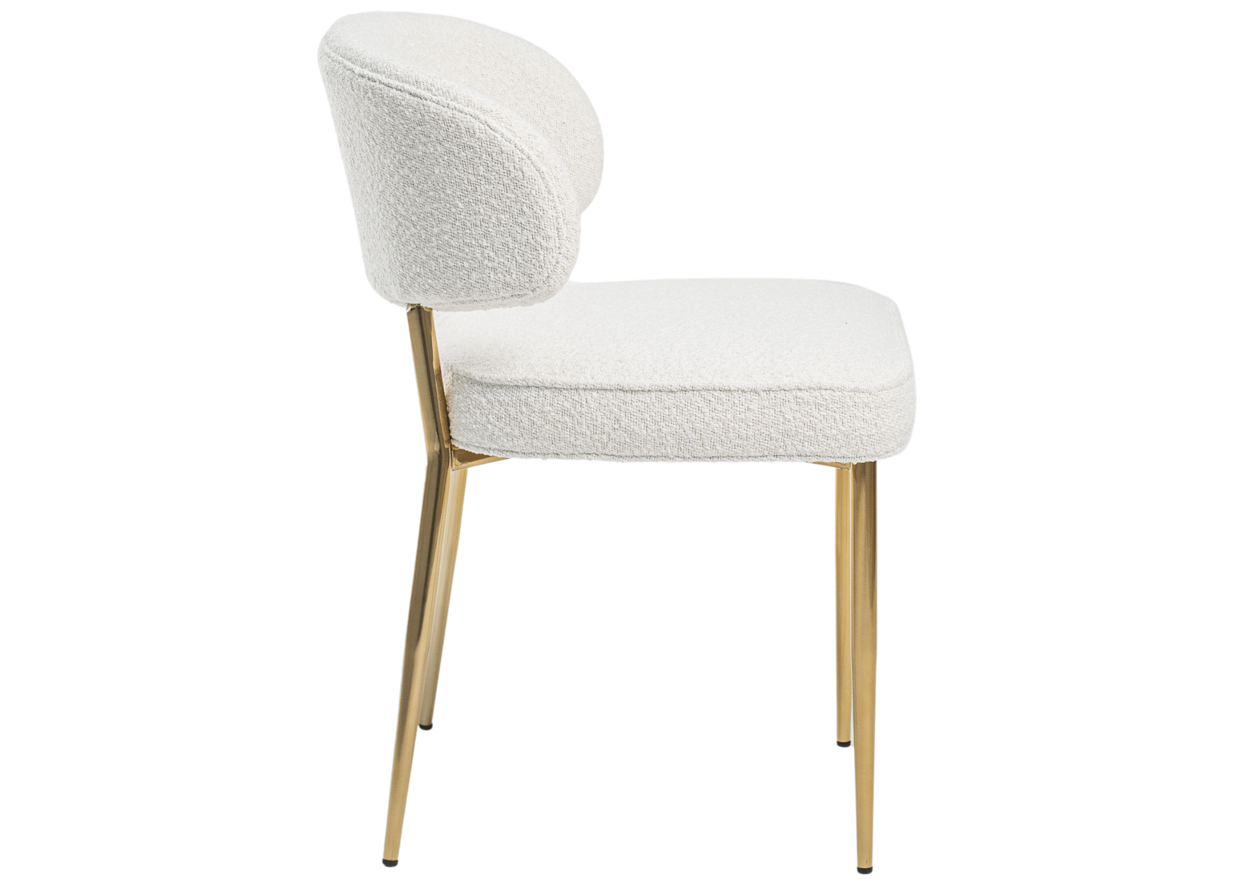 Vista lateral da cadeira Baggio com com design moderno, estrutura metálica dourada e assento confortável