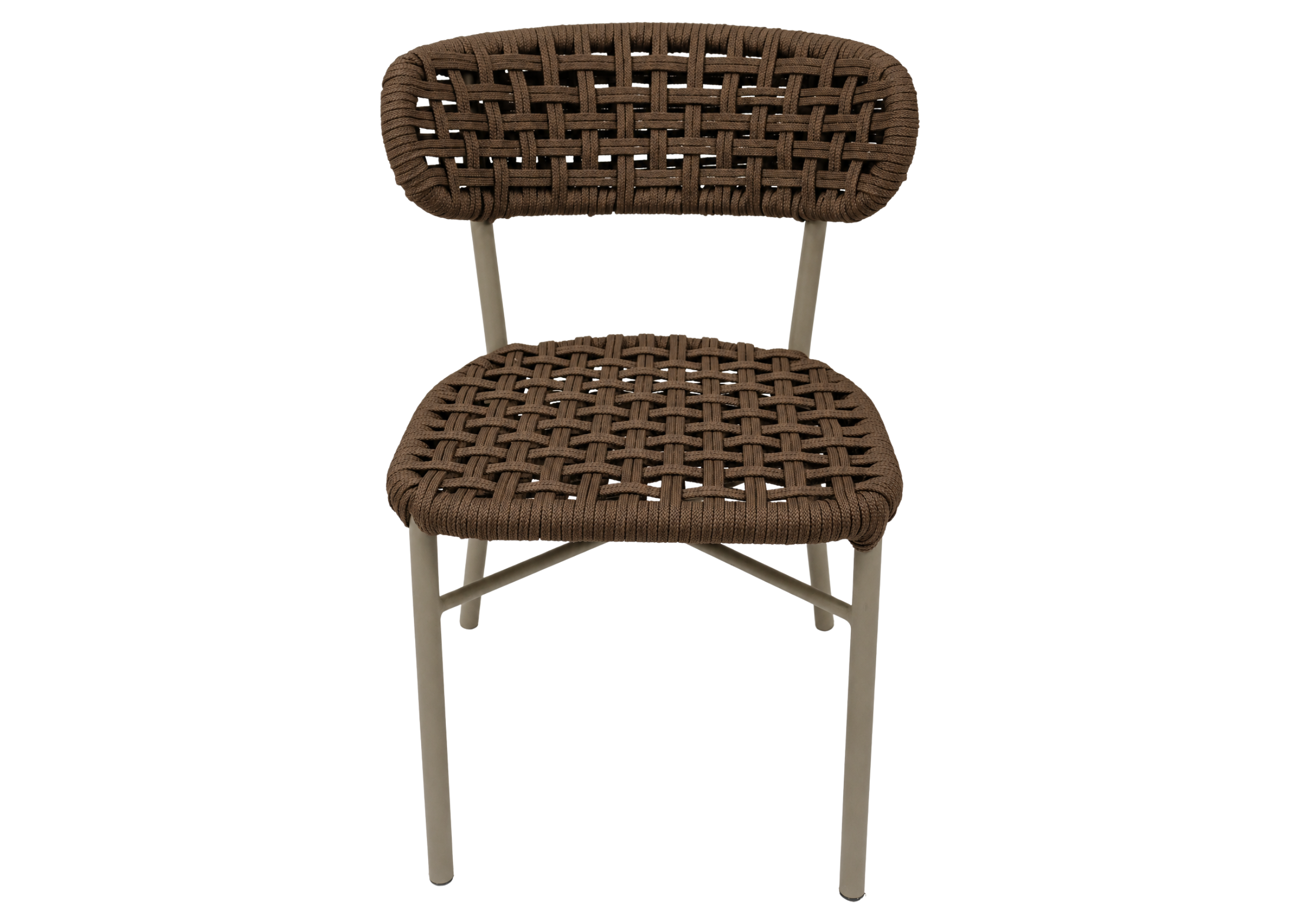 Cadeira para área externa Breeze com estrutura em alumínio e assento em corda náutica, apresentando design funcional e sofisticado para ambientes ao ar livre.