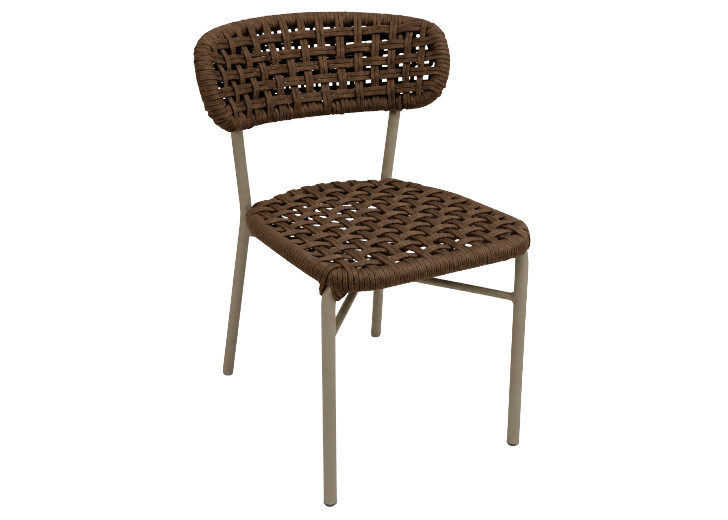 Cadeira Breeze com base em alumínio pintado e assento e encosto em corda náutica, apresentando design elegante e confortável para ambientes externos.