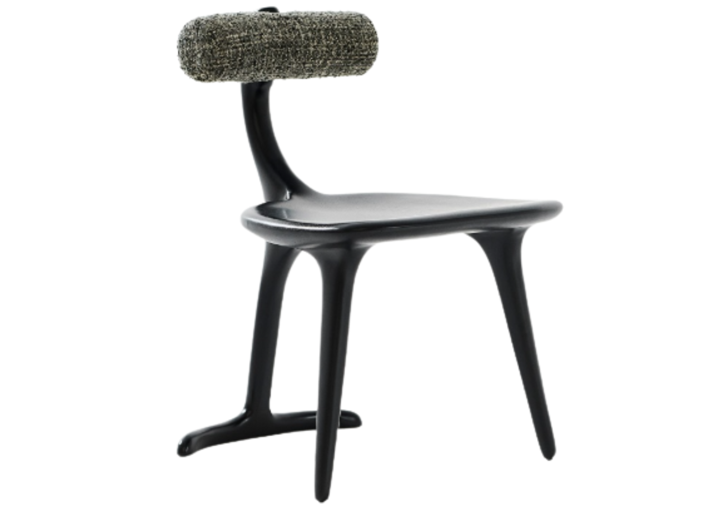 Cadeira Cilindro com encosto rolinho revestido em tecido boucle escuro, unindo conforto, elegância e design contemporâneo para ambientes sofisticados.