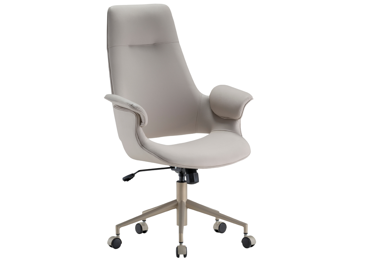Cadeira de escritório Maria com design elegante, estrutura resistente e base em aço carbono com pintura epóxi champagne, proporcionando conforto e sofisticação para ambientes de trabalho modernos.