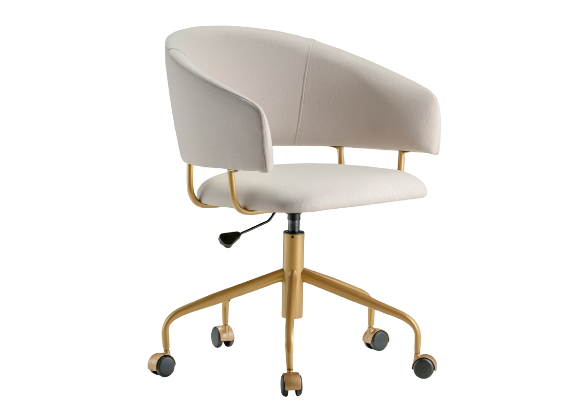 Cadeira de escritório Rex com revestimento em tecido off white e detalhes elegantes, combinando conforto e design sofisticado para compor ambientes de trabalho modernos.