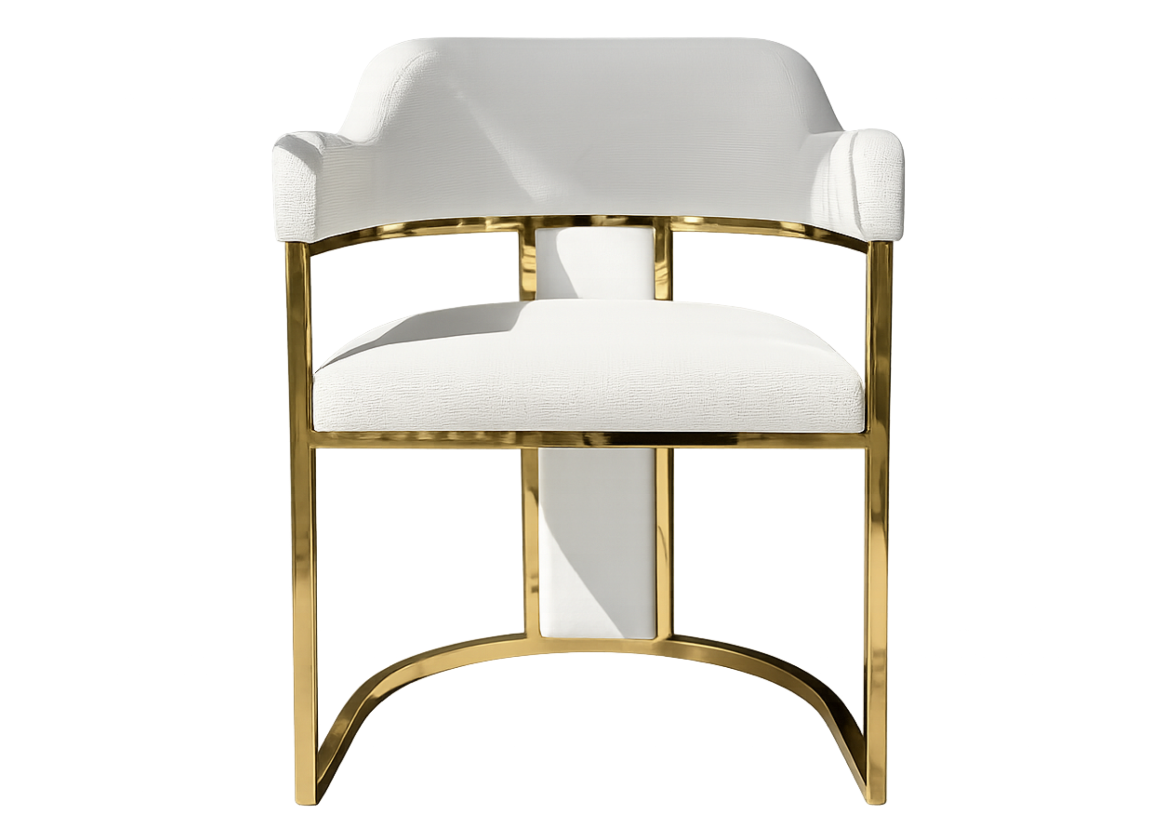 Cadeira Delta estofada em tecido claro com estrutura em aço inox dourado e design sofisticado para salas de jantar modernas