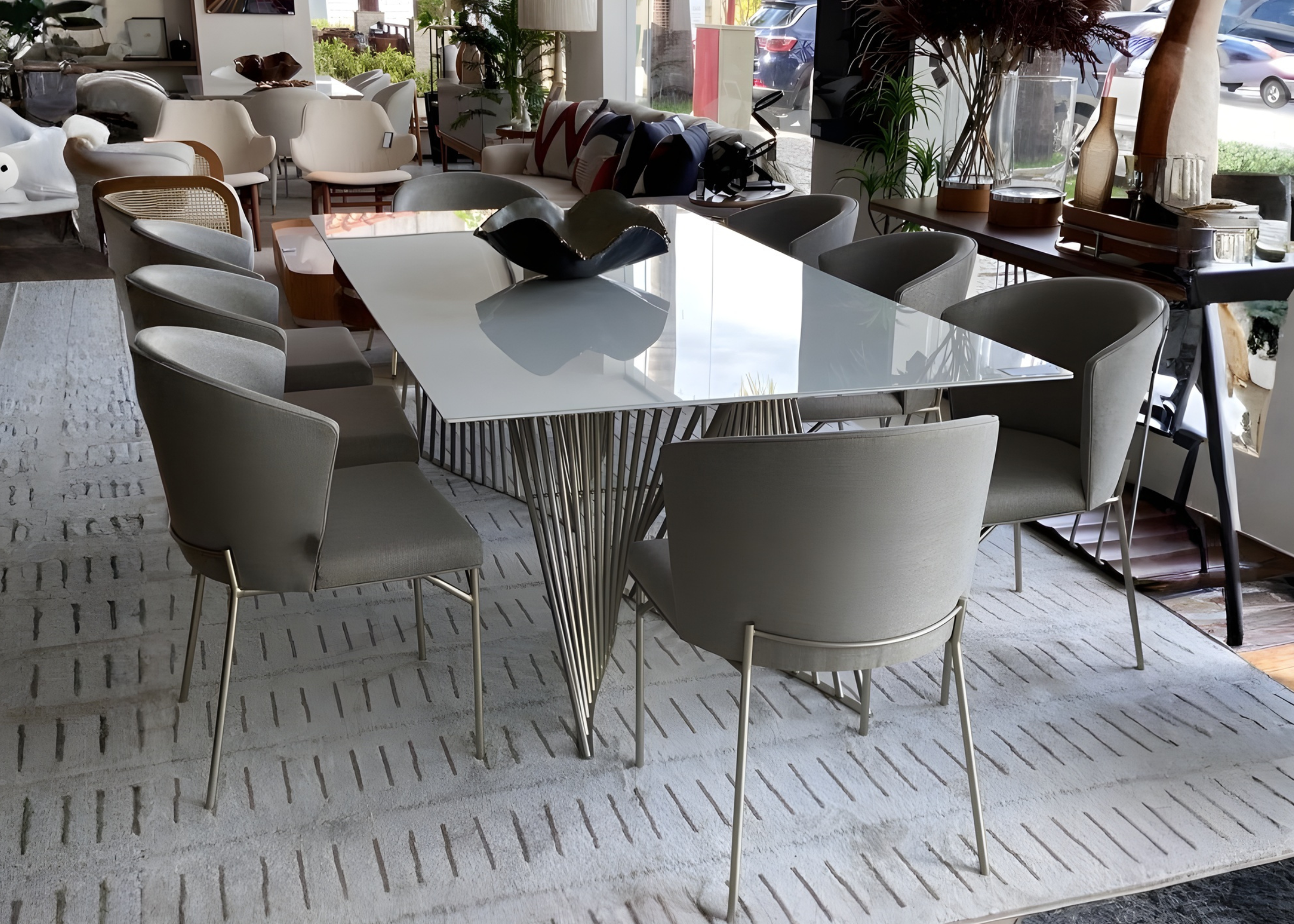 Cadeira Donna em ambiente de sala de jantar com design impactante e elegante, ideal para compor espaços sofisticados e contemporâneos.