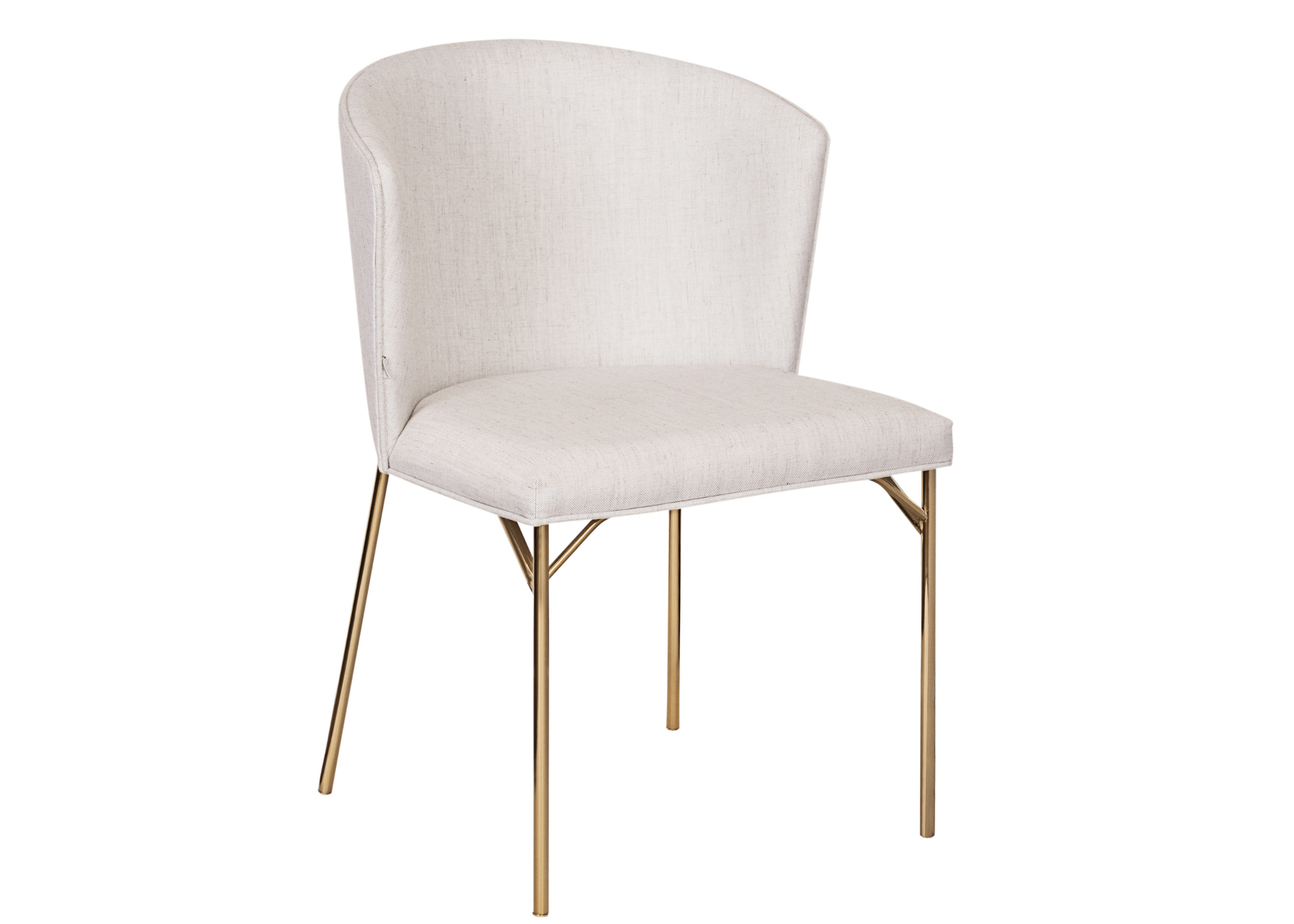 Cadeira Donna com revestimento off white e base em metal dourado, apresentando design confortável e sofisticado, ideal para compor ambientes elegantes e contemporâneos.