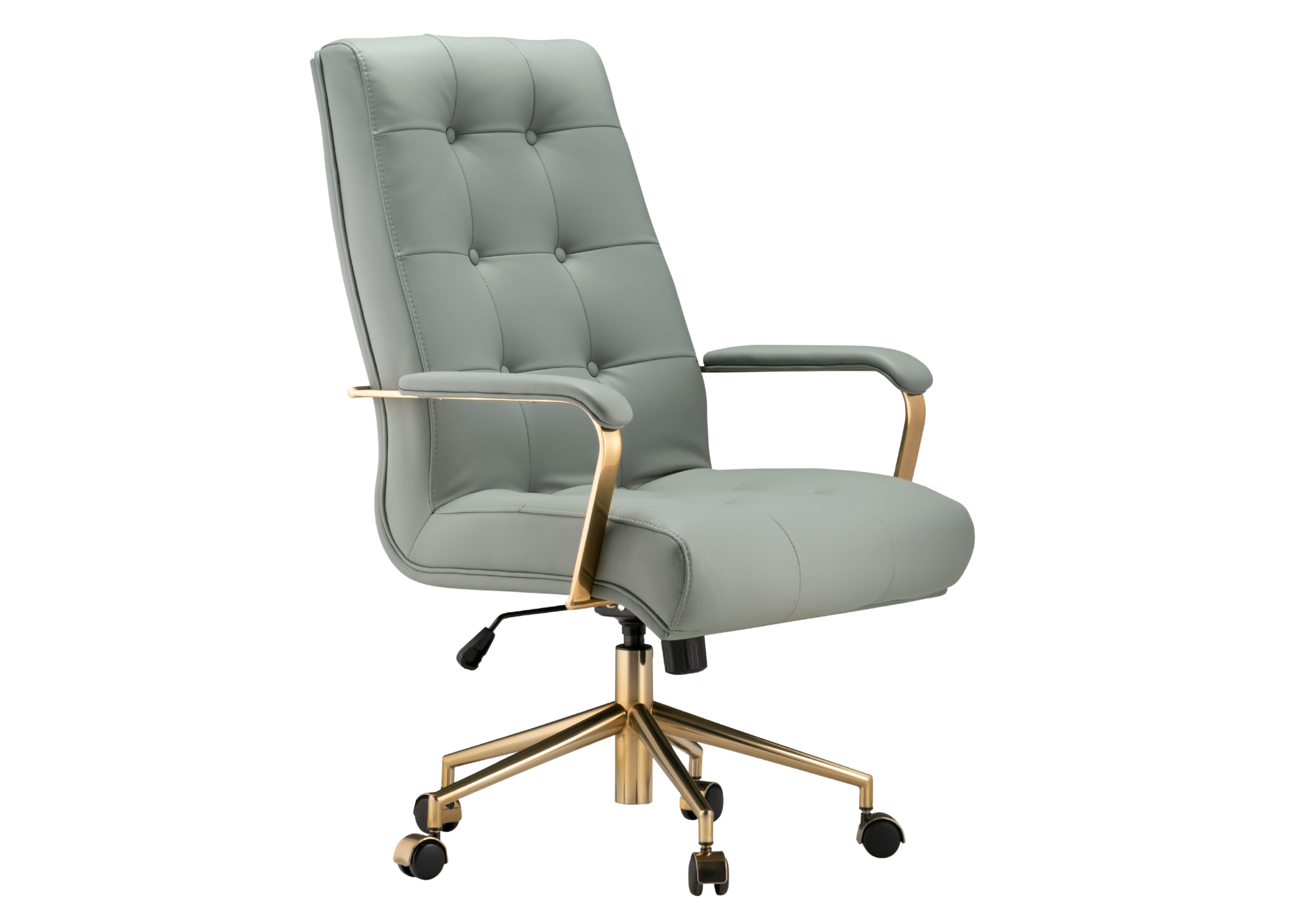 Cadeira de escritório Thomas giratória com base dourada, vista. Móvel elegante e sofisticado para escritórios modernos e ambientes de trabalho refinados.
