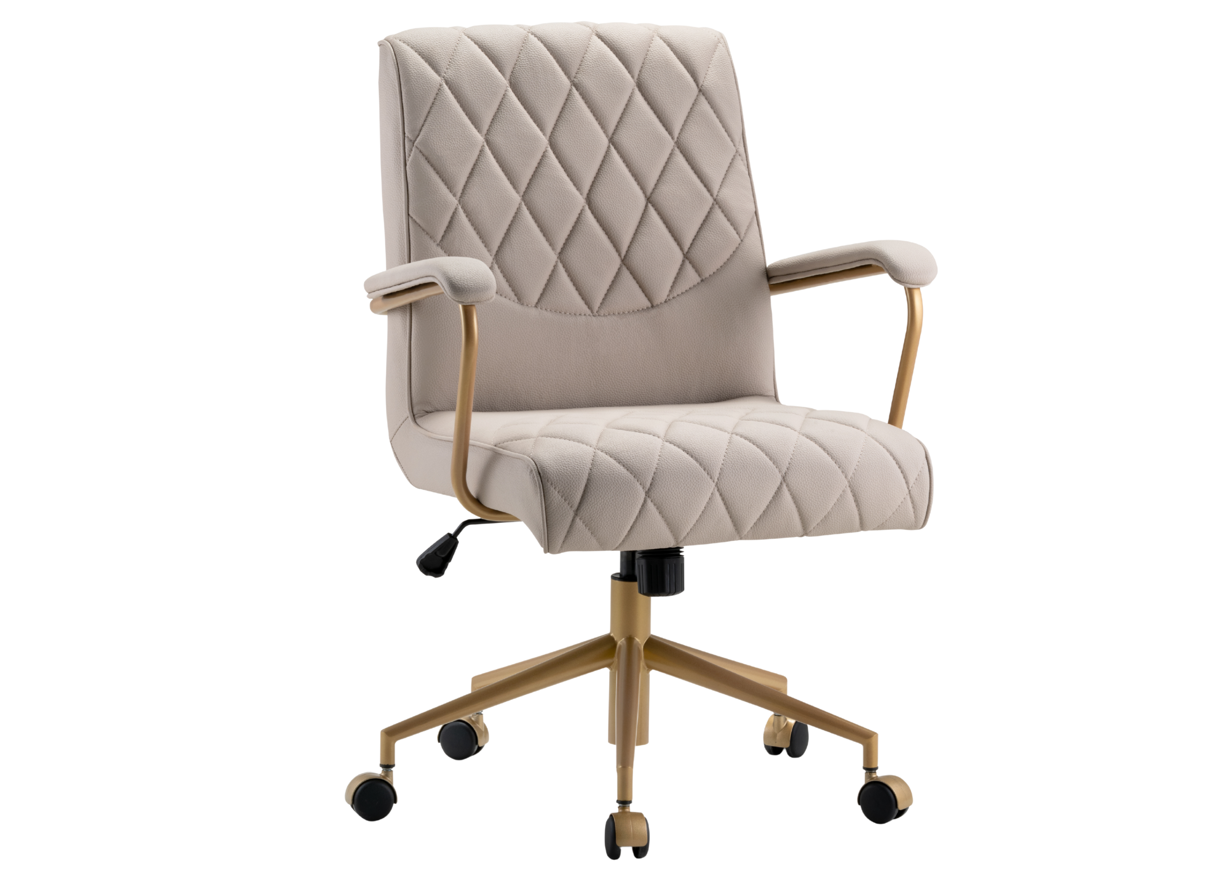 Cadeira de escritório Benjamin giratória com design elegante e contemporâneo, equipada com base dourada que adiciona sofisticação ao ambiente. Estofada em tecido off-white de alta qualidade, proporciona conforto, ergonomia e um toque refinado à decoração. Disposta sobre fundo neutro, é uma peça funcional e imponente, perfeita para escritórios modernos e espaços de trabalho sofisticados.