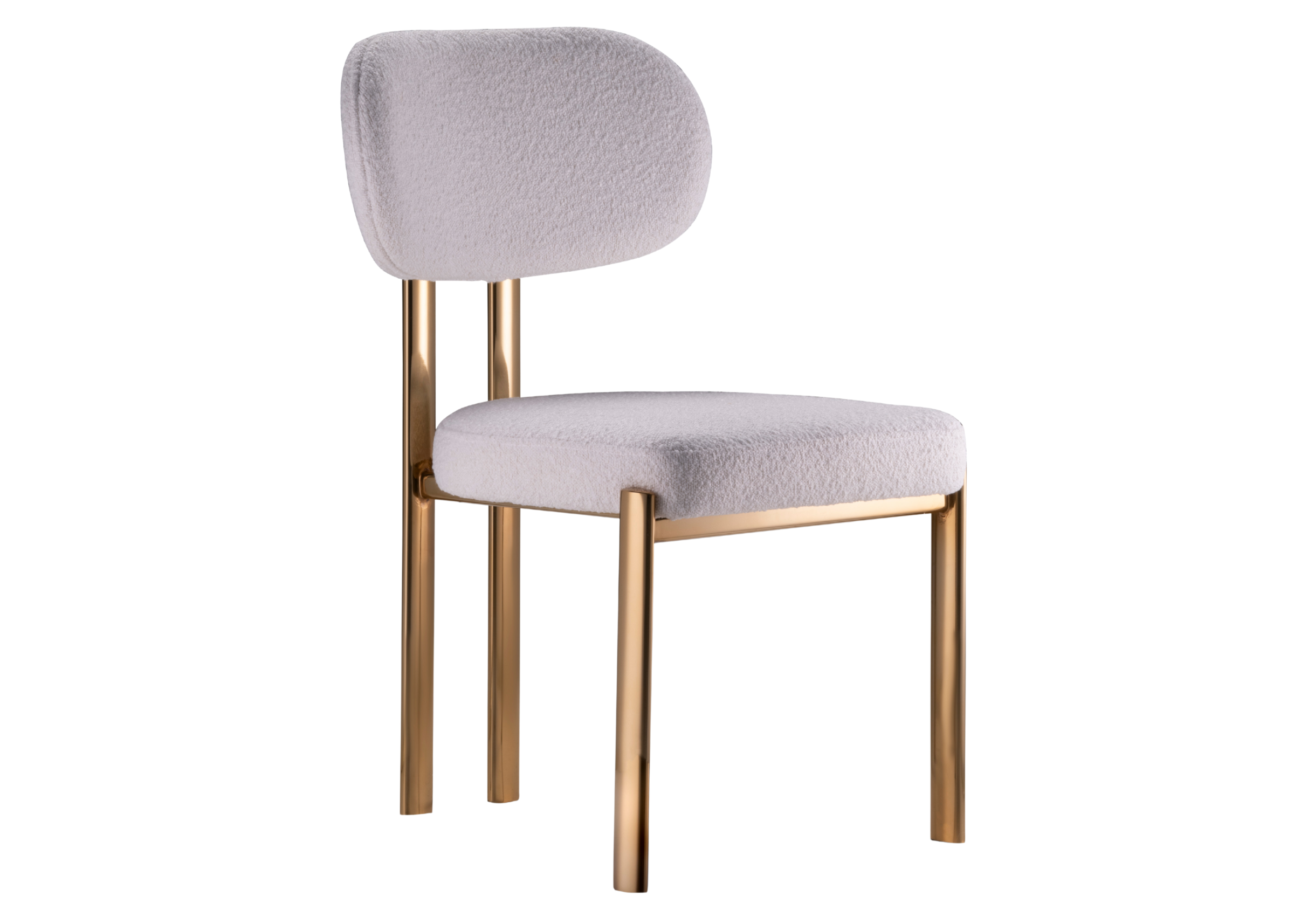 Cadeira Eloisa elegante e sofisticada com base dourada. Móvel refinado e confortável para composições modernas em salas de jantar.