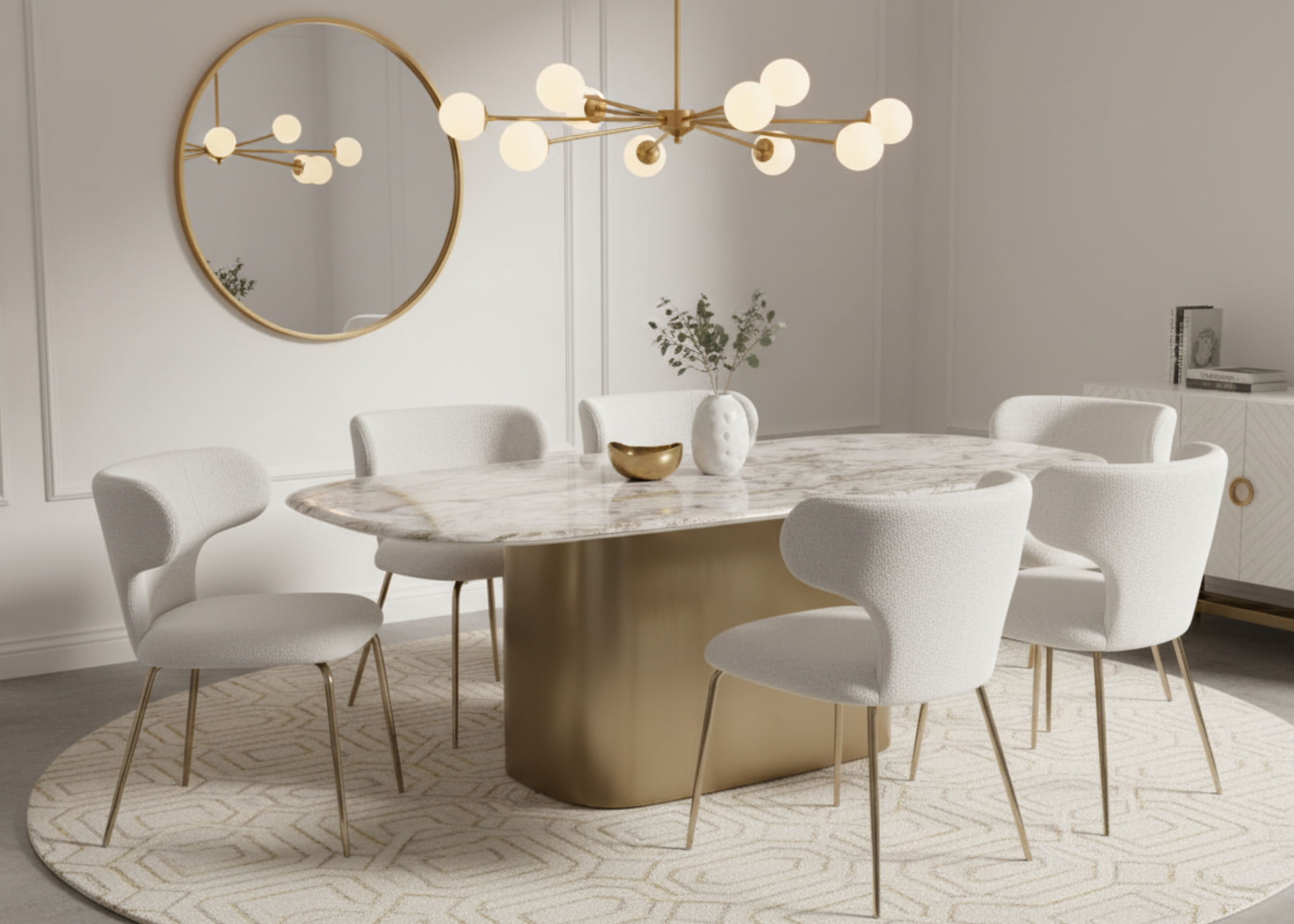 Cadeira Eleganza com base em aço inox dourado e tecido boucle off-white, ideal para salas de jantar que valorizam o luxo, o conforto e a sofisticação em cada detalhe.