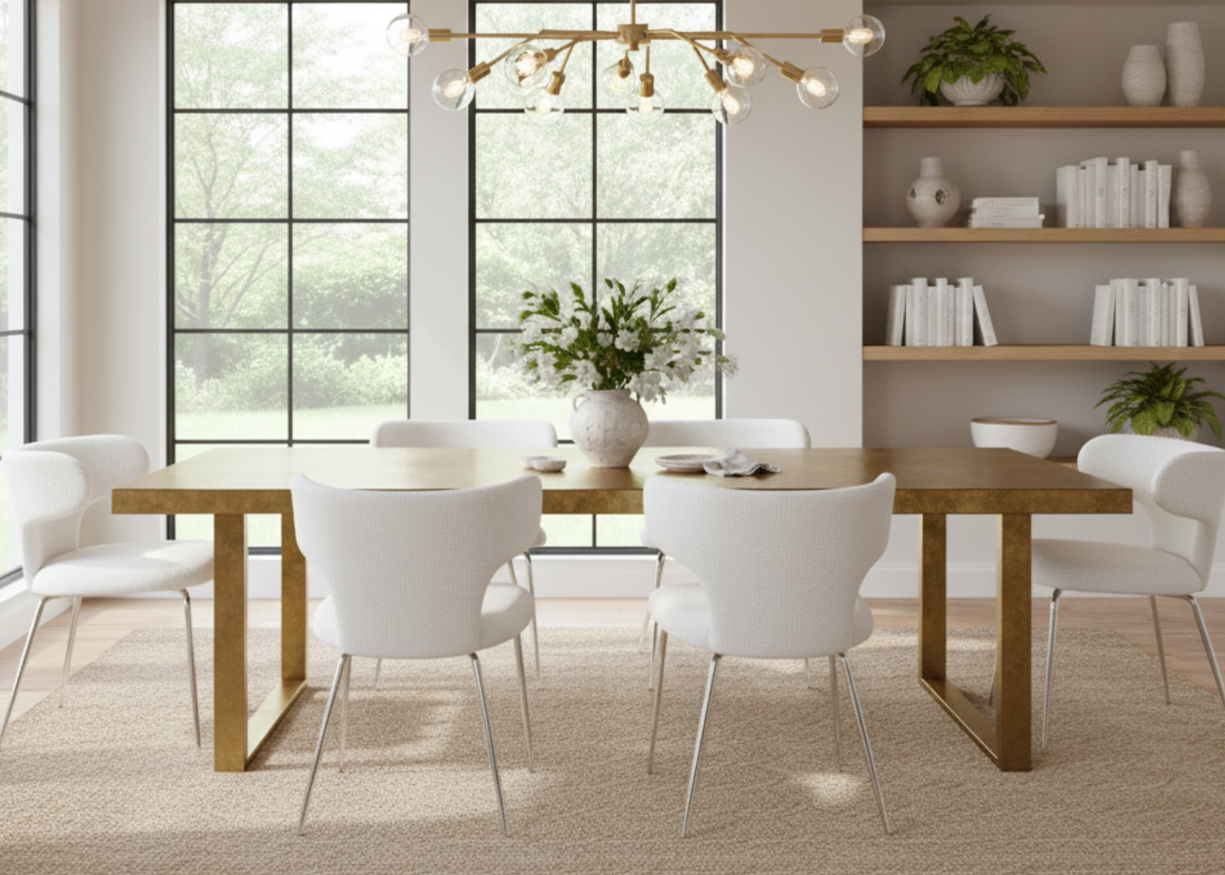 Cadeira Eleganza com revestimento off-white e estrutura em aço inox, combinando luxo, conforto e elegância para compor salas de jantar sofisticadas.