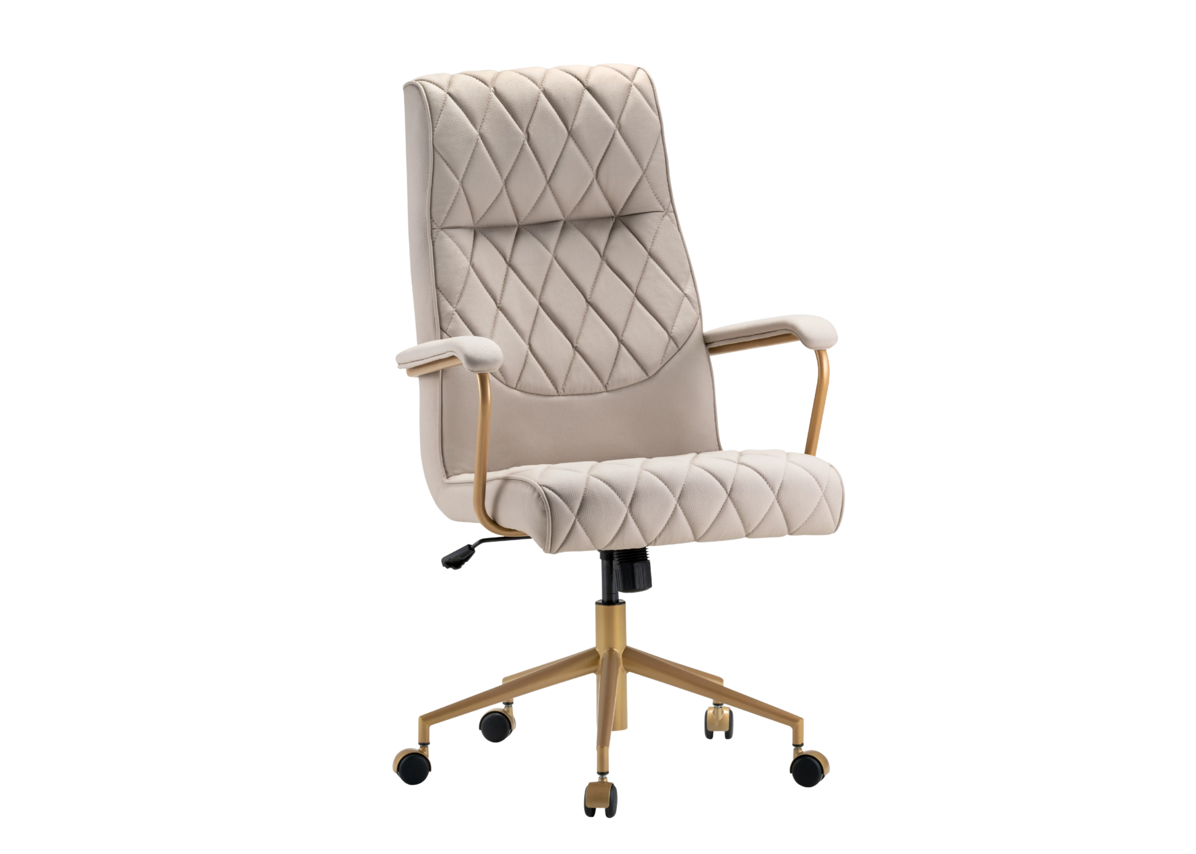 Cadeira de escritório Benjamin giratória com base golden, estofada em couríssimo off-white. Móvel sofisticado e funcional para ambientes de trabalho elegantes.