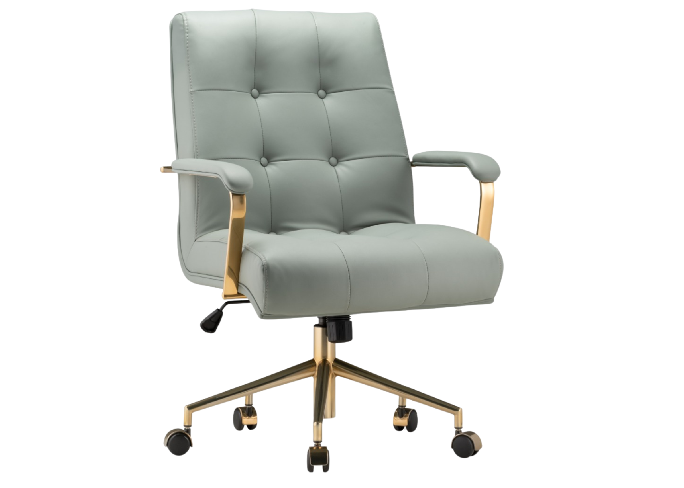 Cadeira de escritório Prisma com base dourada e estofado em couríssimo. Móvel sofisticado e elegante para composições modernas em ambientes de trabalho.