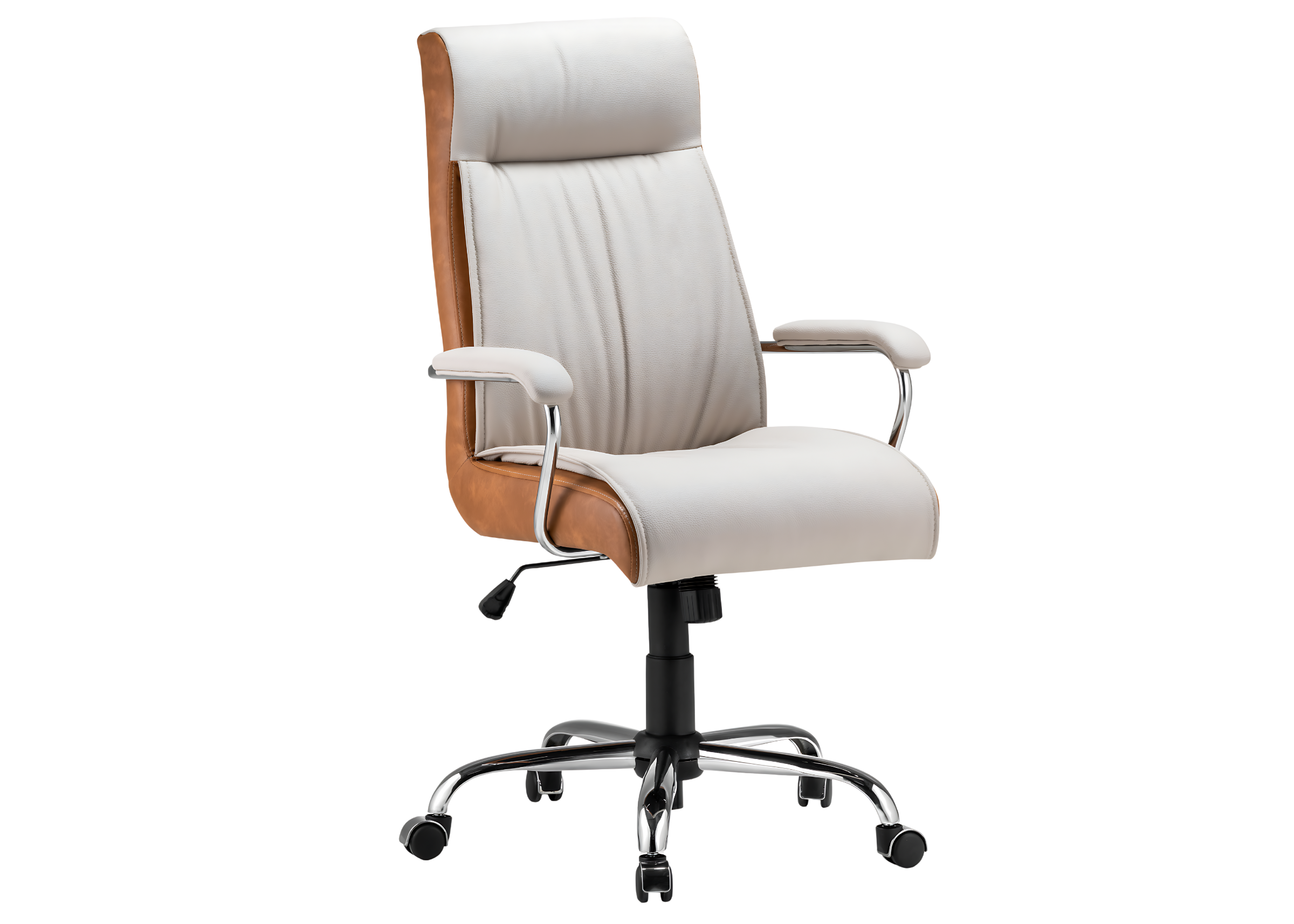 Cadeira Alba estofada com encosto alto e design giratório em tecido off-white. Móvel elegante e confortável para escritórios e salas de reunião sofisticadas.