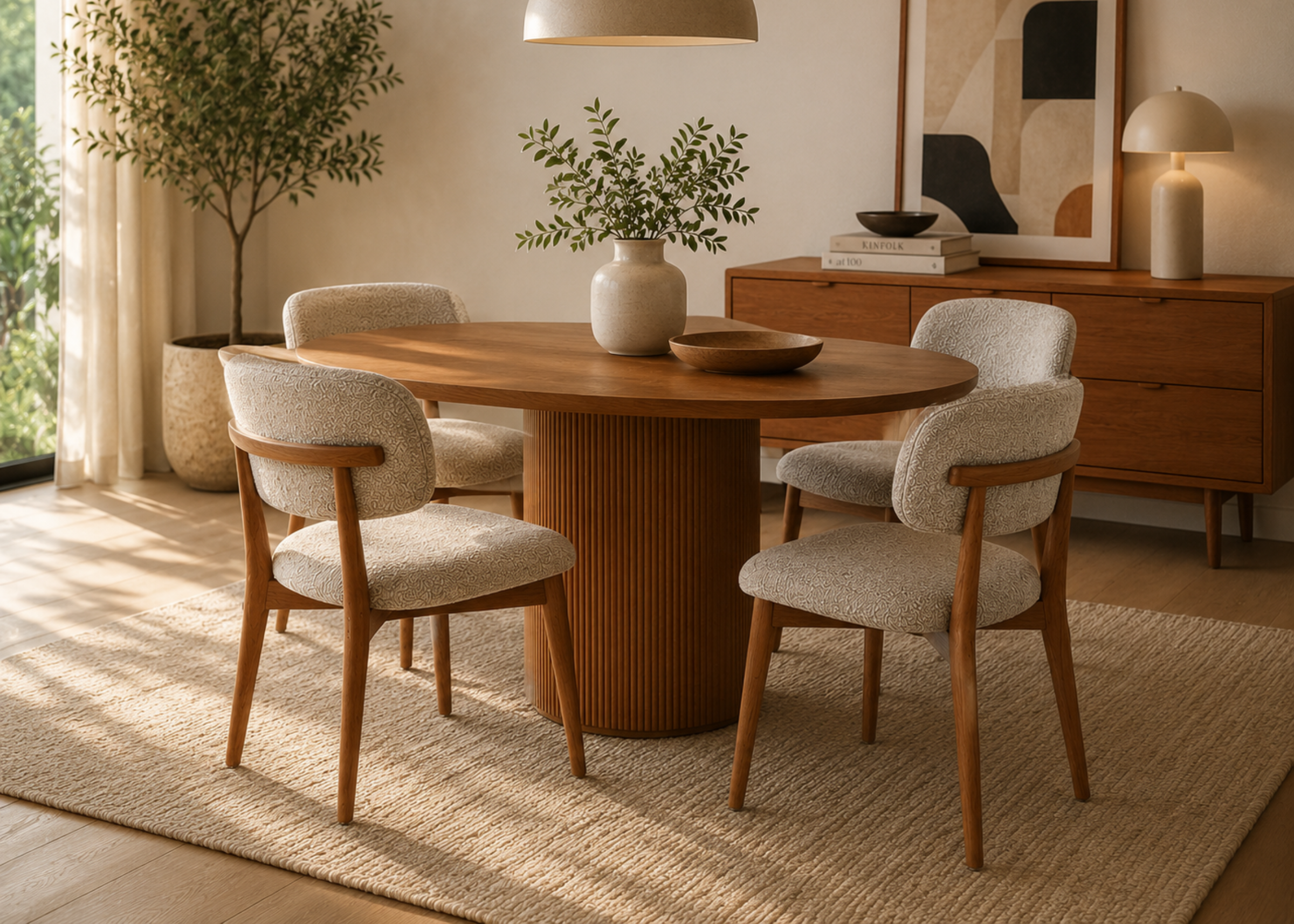 Cadeira Fiore com design moderno, estrutura em madeira mel e revestimento em bouclé off white, ideal para compor ambientes sofisticados.