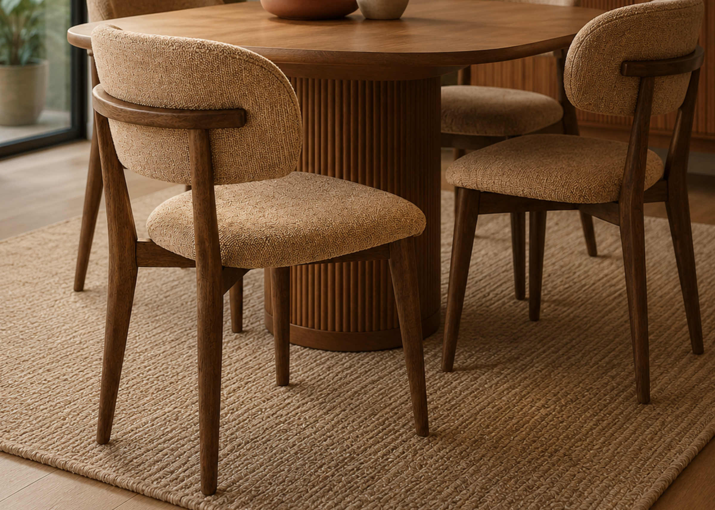 Cadeira Fiore com revestimento em linho marrom claro e estrutura em madeira castanho, apresentando design sofisticado e acolhedor para compor ambientes modernos.