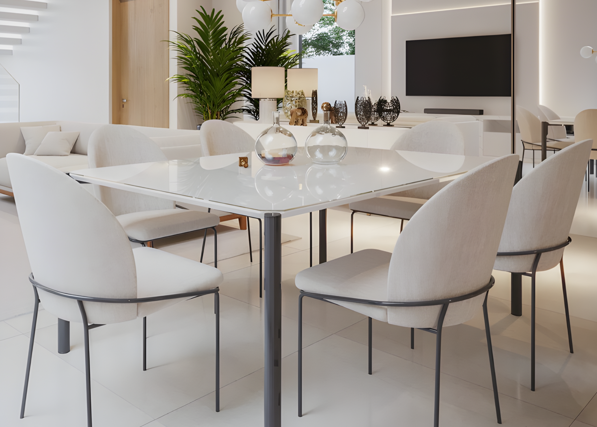 Cadeira Fit em sala de jantar sofisticada com revestimento off white e base em aço carbono, apresentando design elegante e confortável, ideal para compor ambientes modernos e refinados.