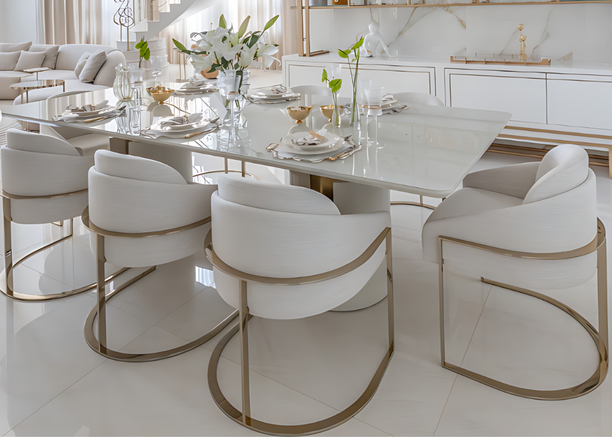 Cadeira Gatteo sofisticada, revestida em tecido off-white que transmite leveza e elegância. Seu design contemporâneo, aliado ao conforto do estofamento e à estrutura imponente, valoriza qualquer sala de jantar com um toque de refinamento.