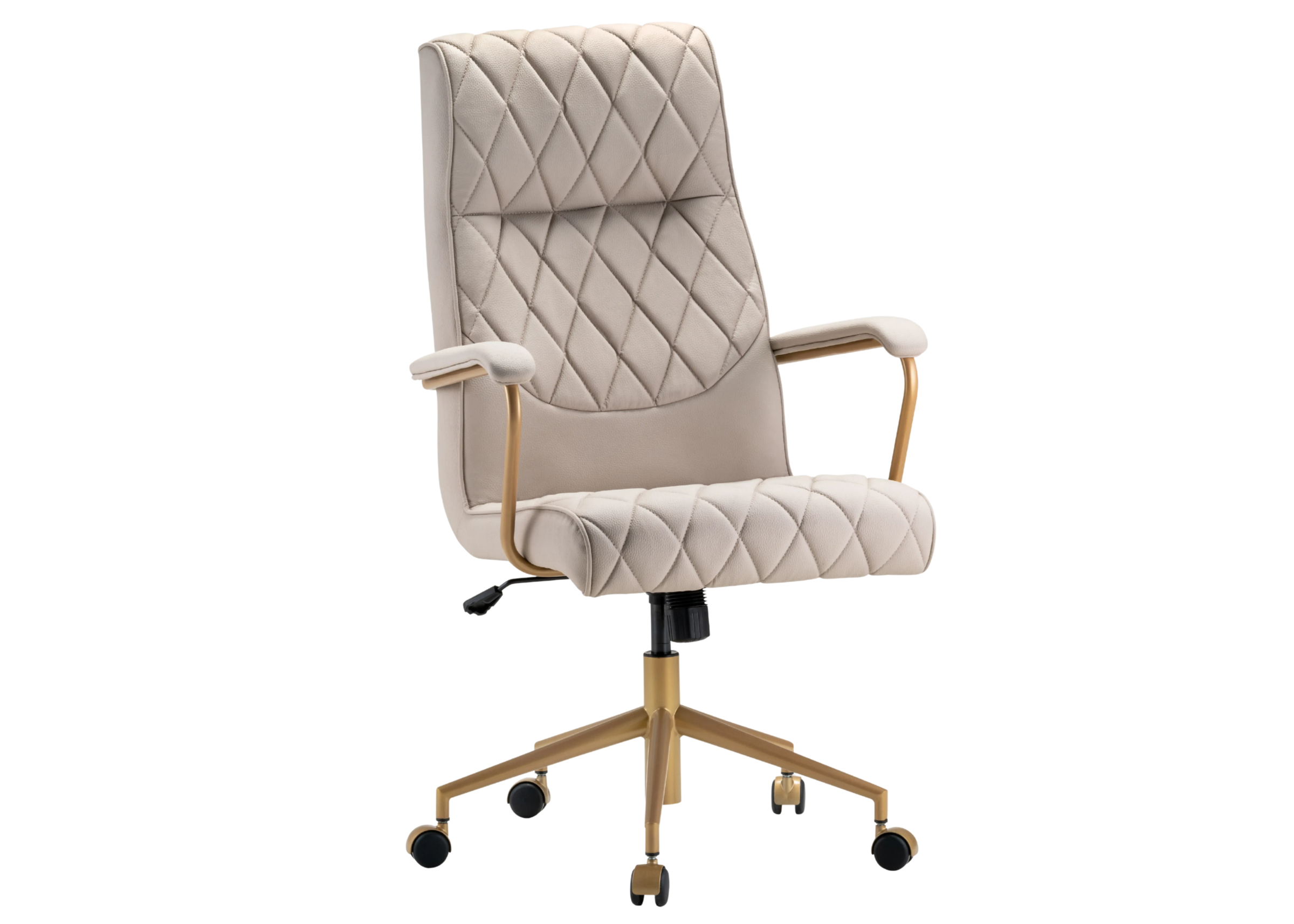 Cadeira de escritório Benjamin giratória com base golden, estofada em couríssimo off-white. Móvel sofisticado e funcional para ambientes de trabalho elegantes.