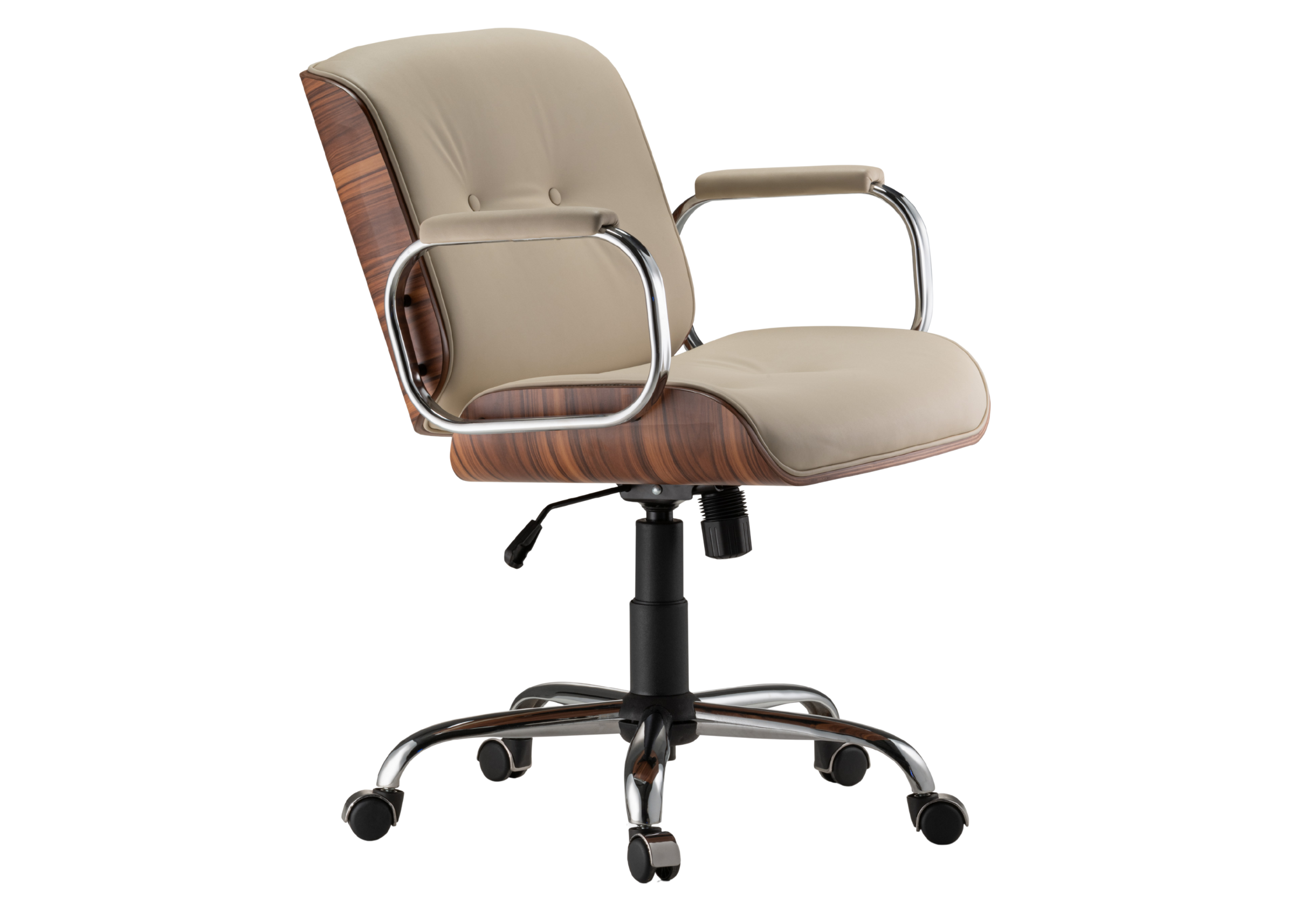 Cadeira de escritório Plenitude giratória com design moderno e sofisticado, detalhe em laminado. Móvel elegante e funcional para ambientes de trabalho contemporâneos.