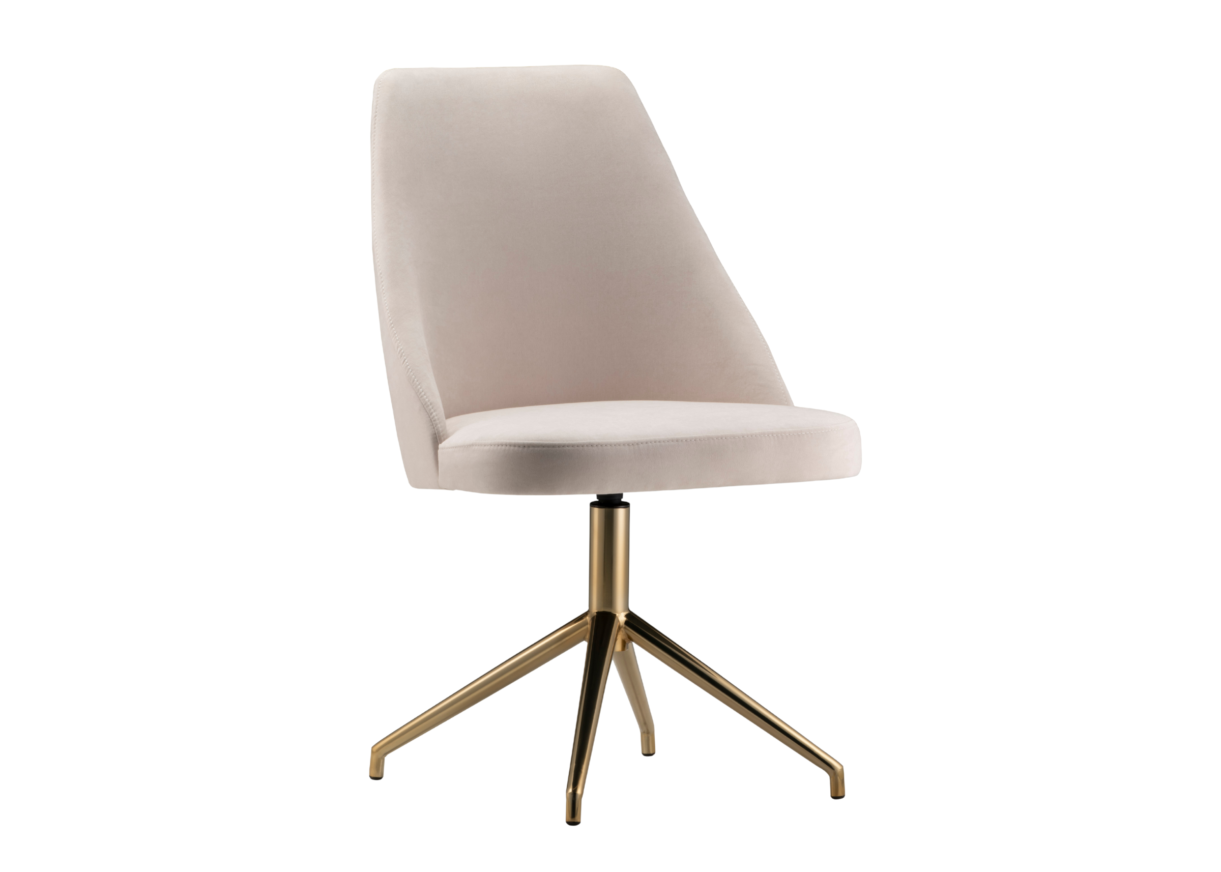 Cadeira giratória Adelle estofada em tecido off-white com base dourada, disposta sobre fundo neutro. Móvel sofisticado e funcional para salas de jantar ou escritórios elegantes.