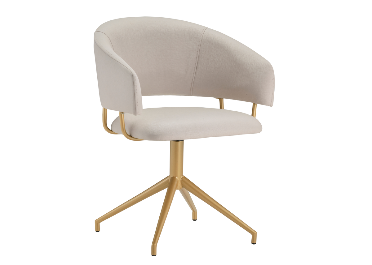 Cadeira giratória Rex com acabamento em epóxi dourado e revestimento off white, apresentando design belíssimo, elegante e sofisticado, ideal para ambientes modernos e refinados.