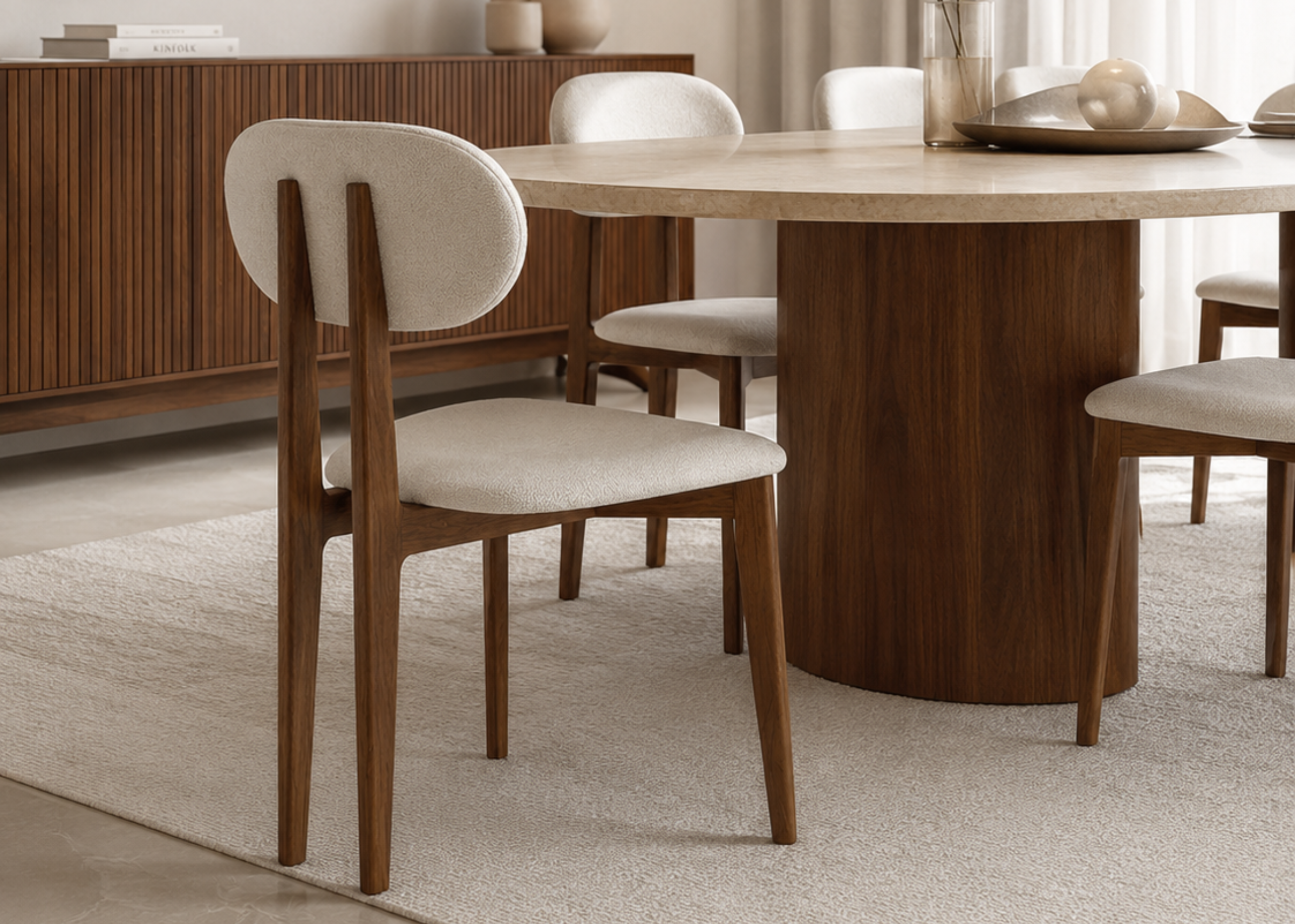 Cadeira de jantar Halo estofada em bouclé branco com estrutura em madeira, apresentando conforto e design contemporâneo para ambientes refinados.