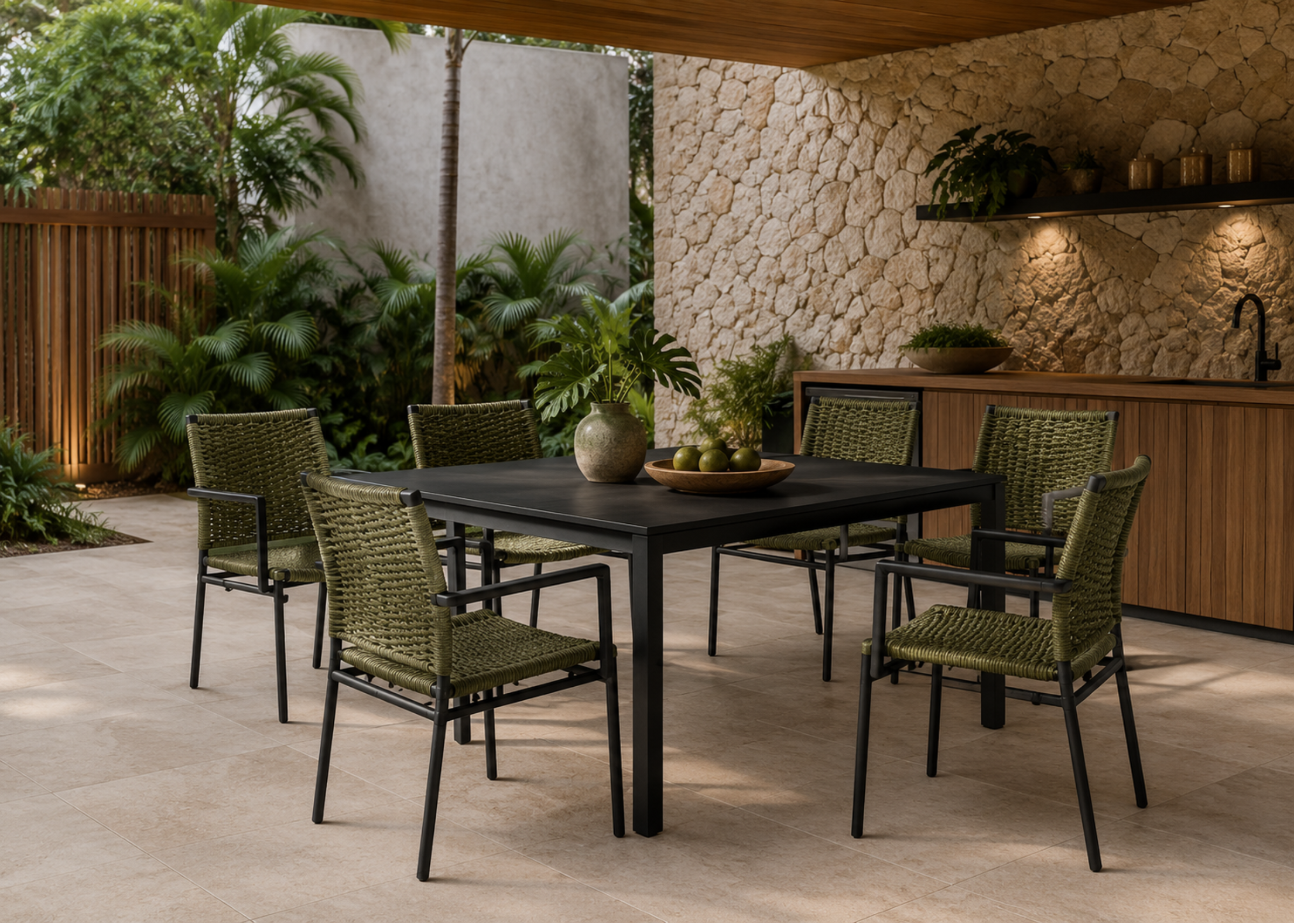 Cadeira Hamma para área externa com assento e encosto em corda náutica e estrutura em alumínio, ideal para compor ambientes externos modernos e elegantes.