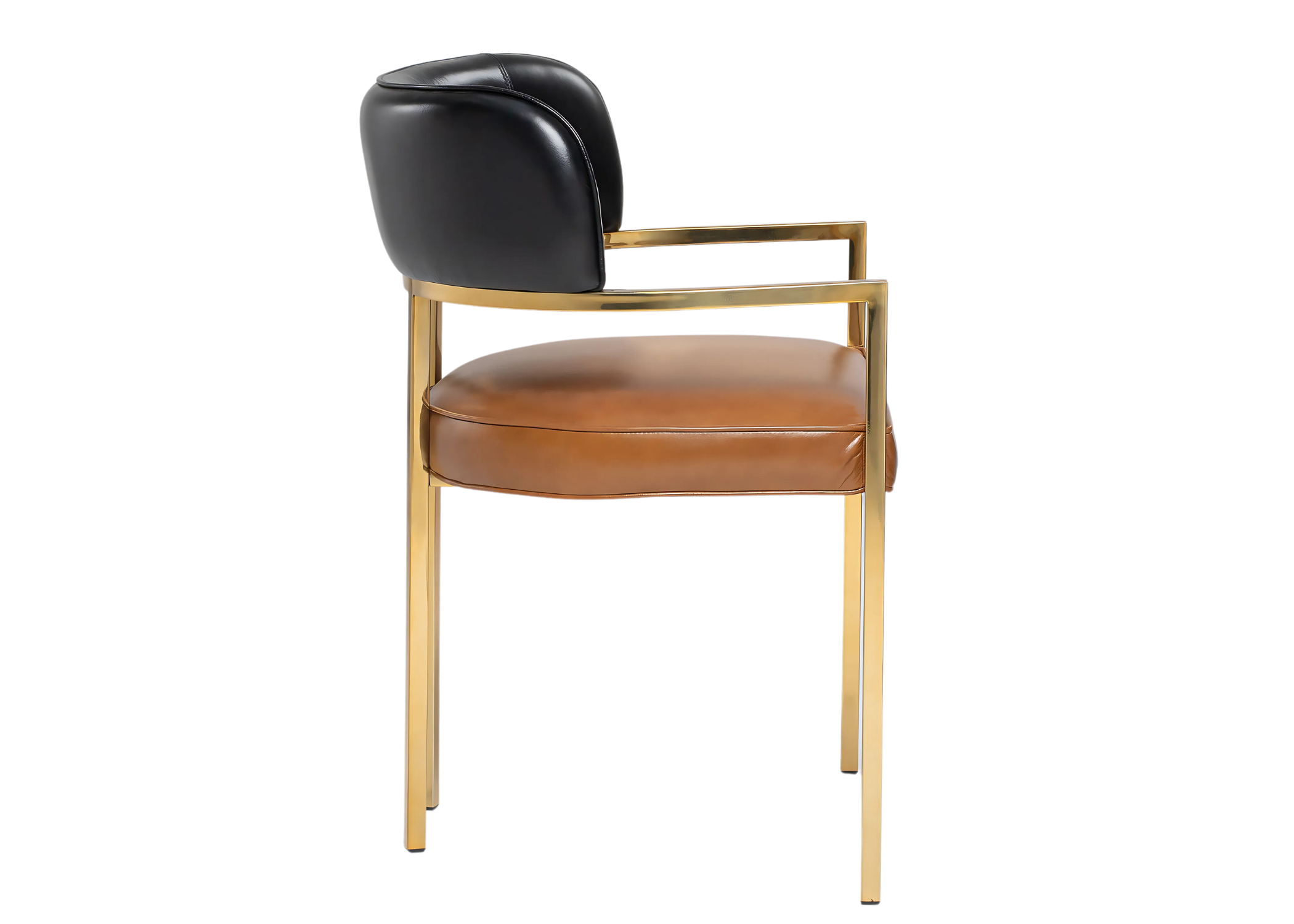 Cadeira de jantar com base em inox, revestida em couro natural e encosto curvo, ideal para salas de jantar elegantes e sofisticadas.

