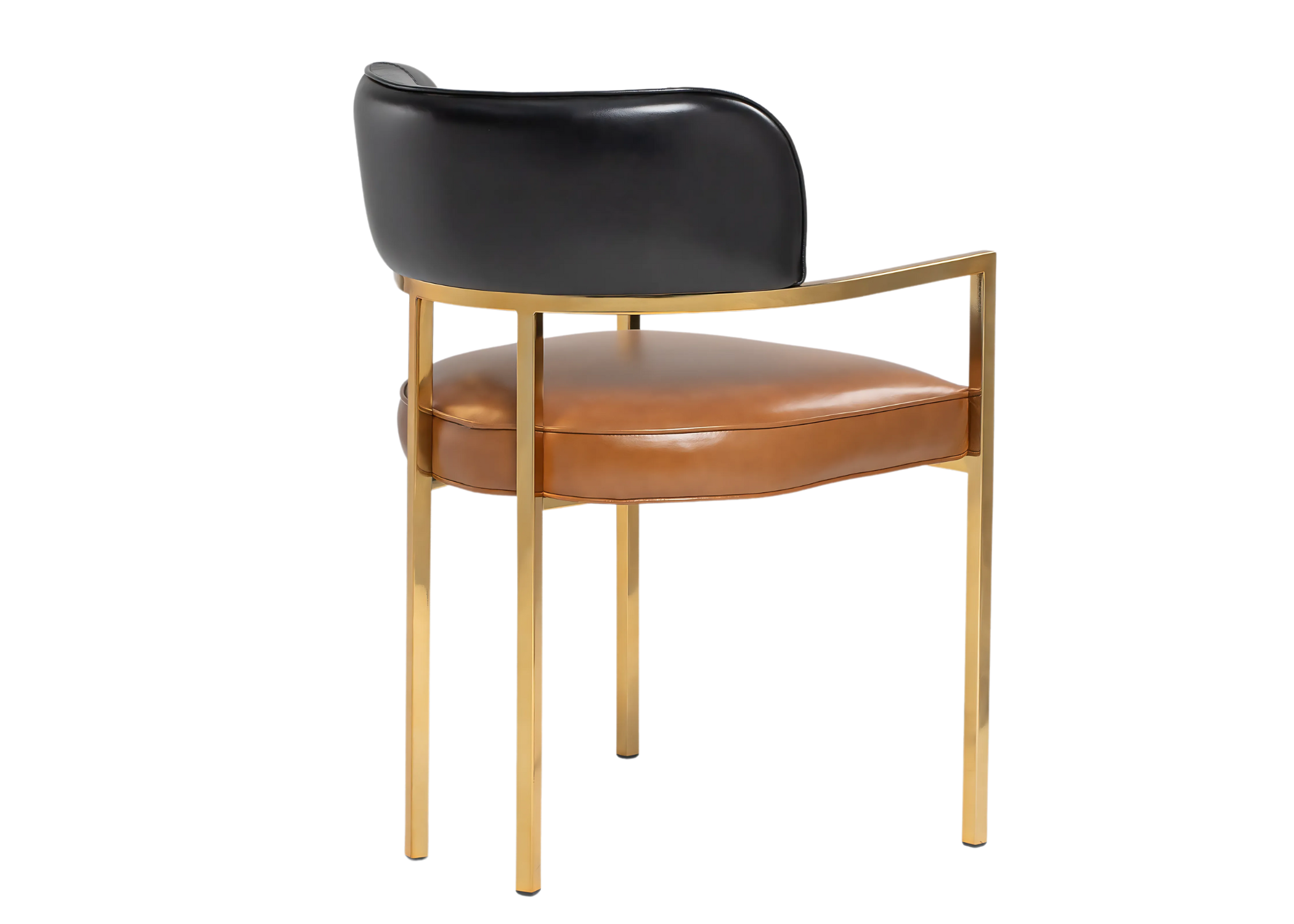 Cadeira de jantar com base em inox dourado e revestimento em couro natural, modelo Flora, unindo sofisticação e conforto para ambientes contemporâneos.
