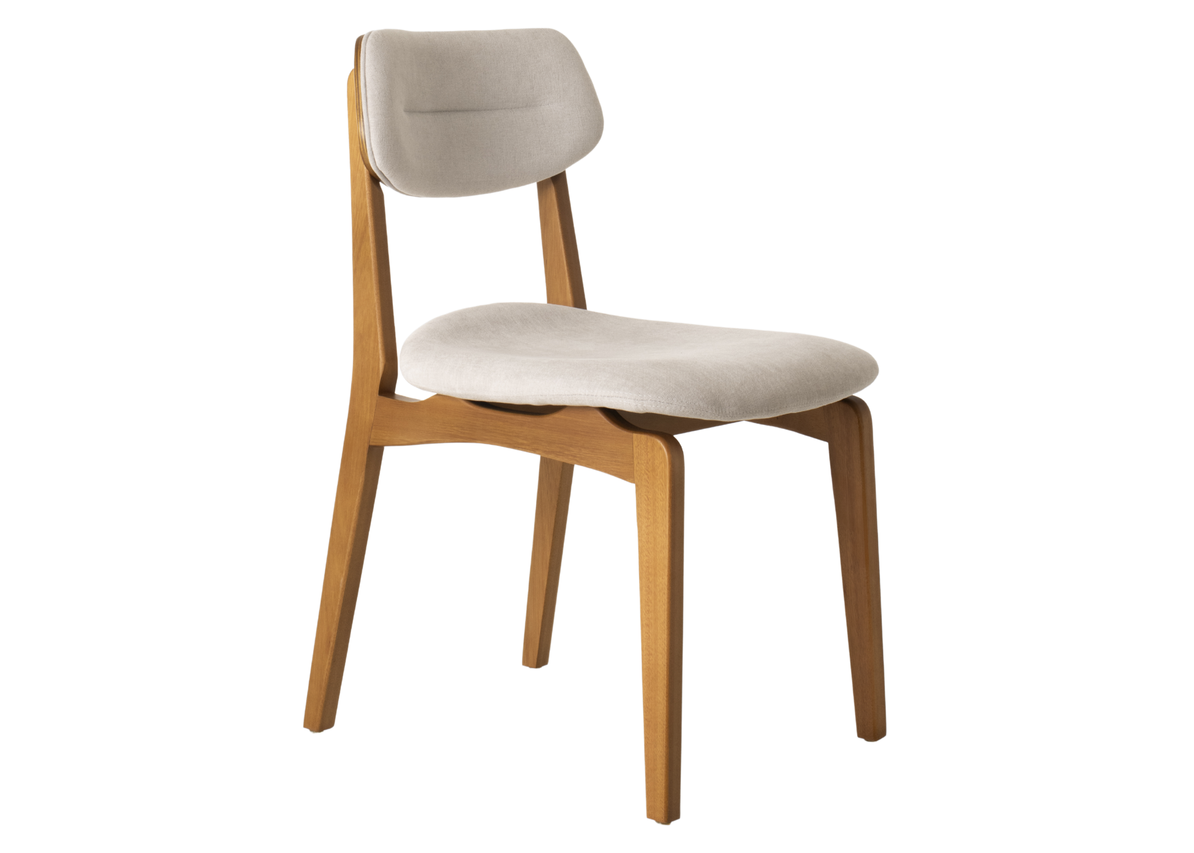 Cadeira de jantar modelo Shell, estofada com revestimento off-white, encosto curvo e base em madeira mel, perfeita para compor ambientes modernos e elegantes.