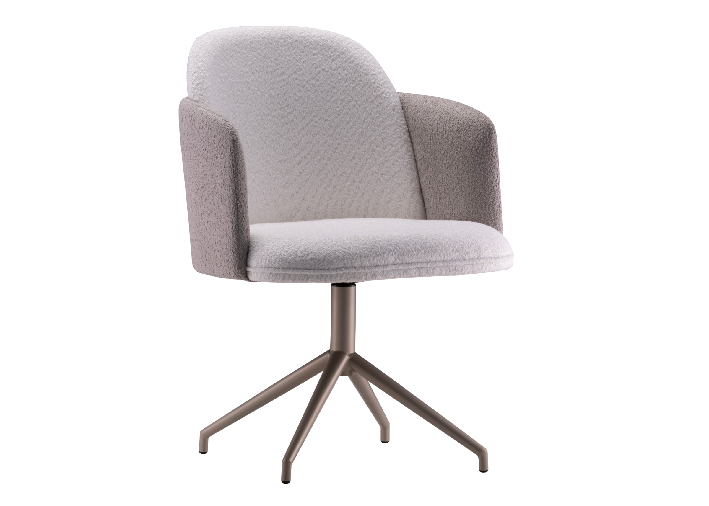 Cadeira de jantar Claribel giratória estofada em tecido bouclê off-white com detalhes em cinza. Móvel elegante e sofisticado para composições modernas em salas de jantar.